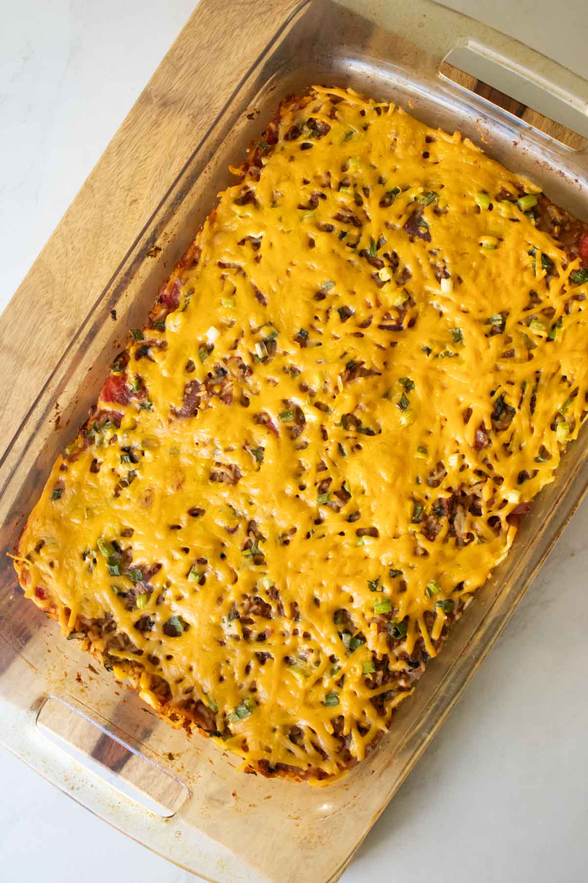 vegan taco casserole in the pan after baking