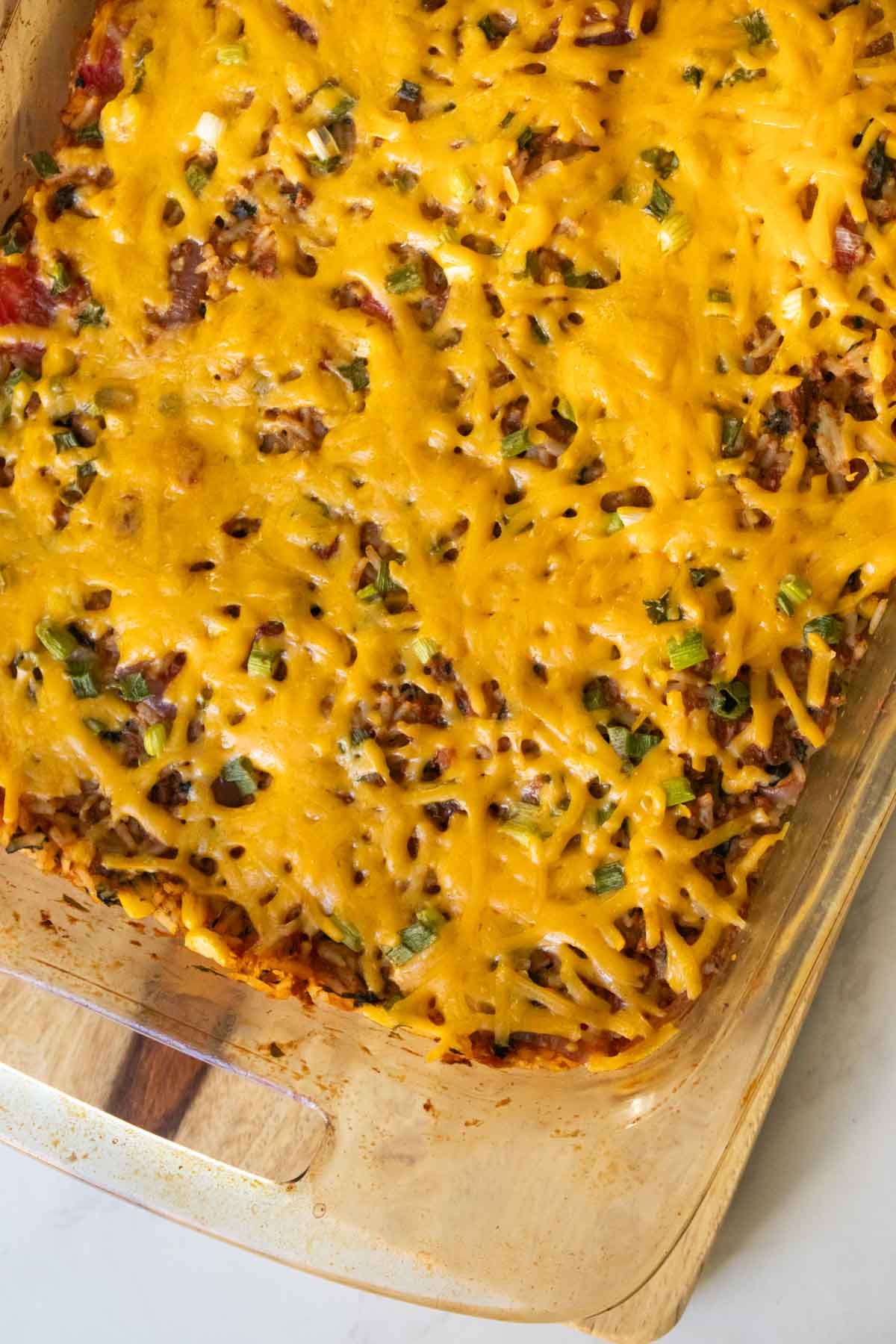 close-up of vegan taco casserole in the baking pan before serving