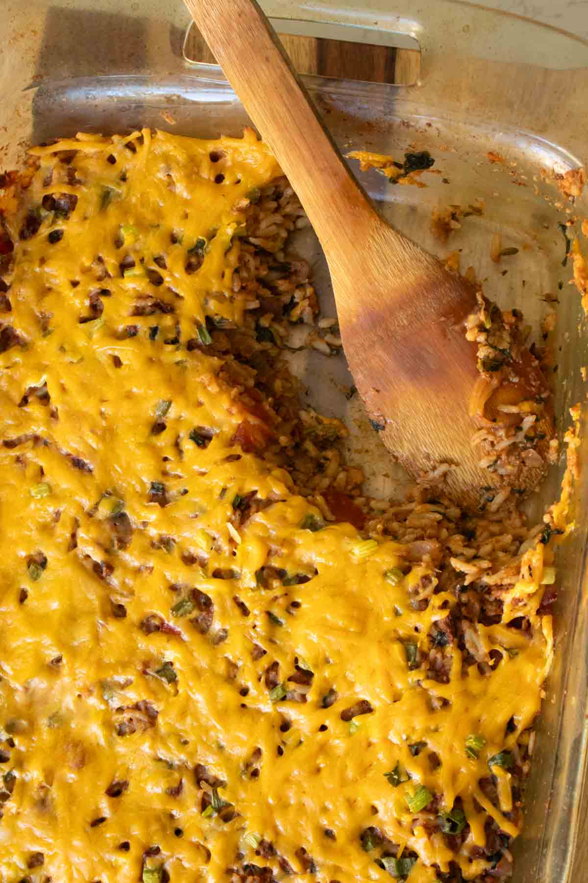 close-up of vegan taco casserole in the baking pan after serving