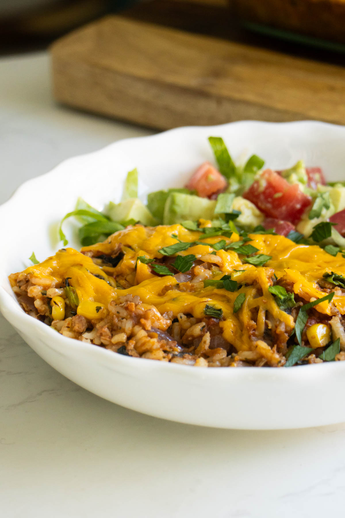 close-up of vegan taco casserole in a bowl