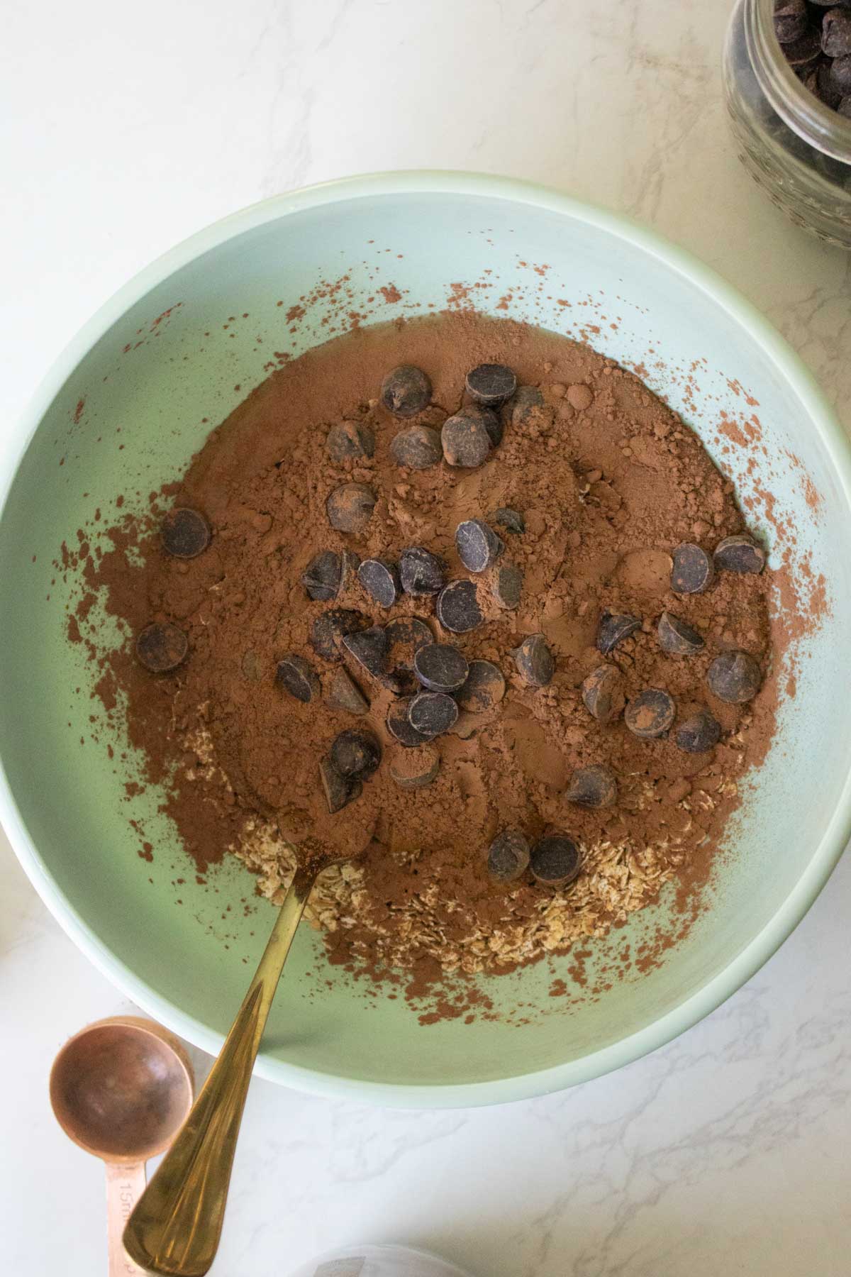 chocolate energy bites ingredients in the bowl before mixing