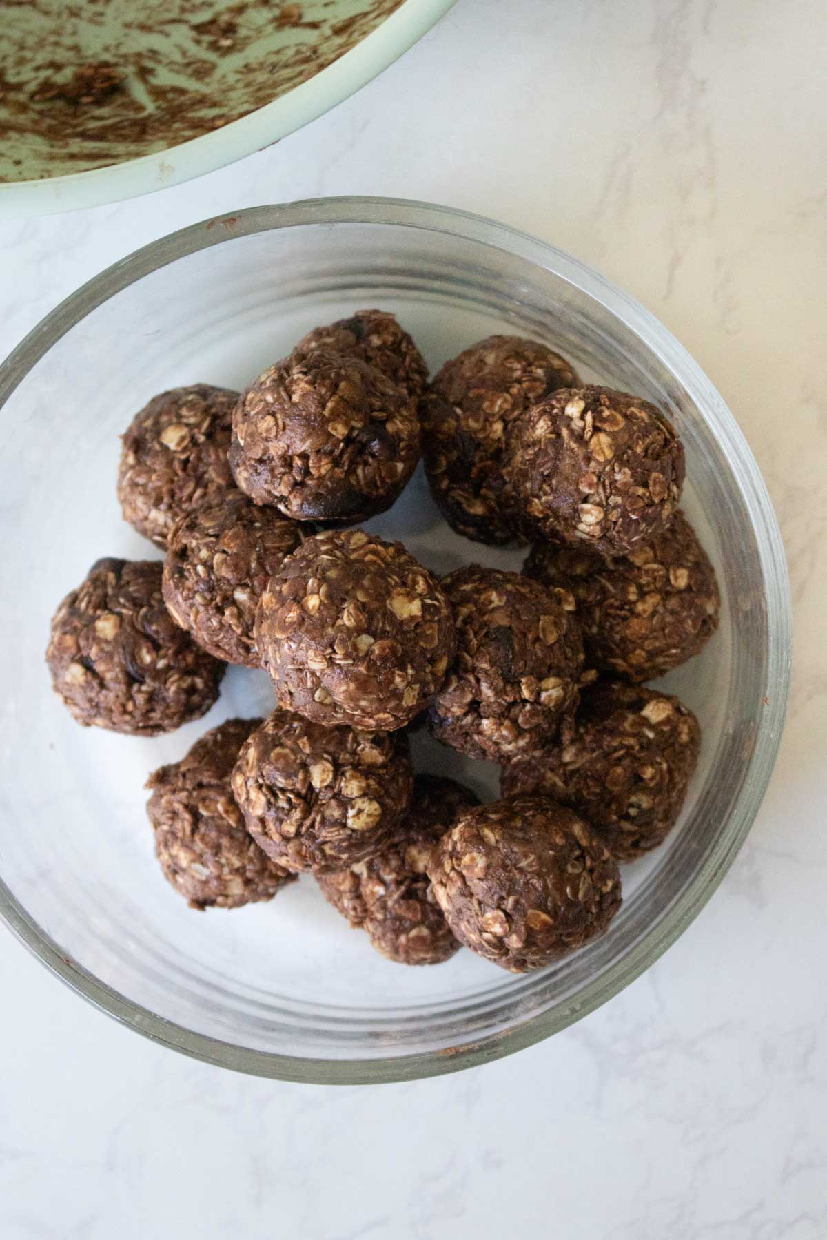 chocolate energy bites in a glass bowl