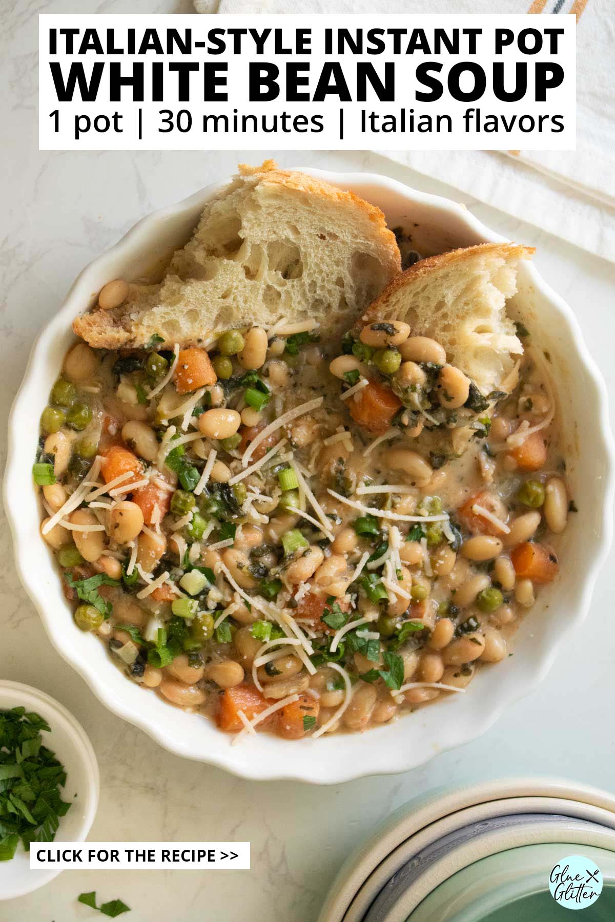 Instant Pot white bean soup with toppings and bread, text overlay