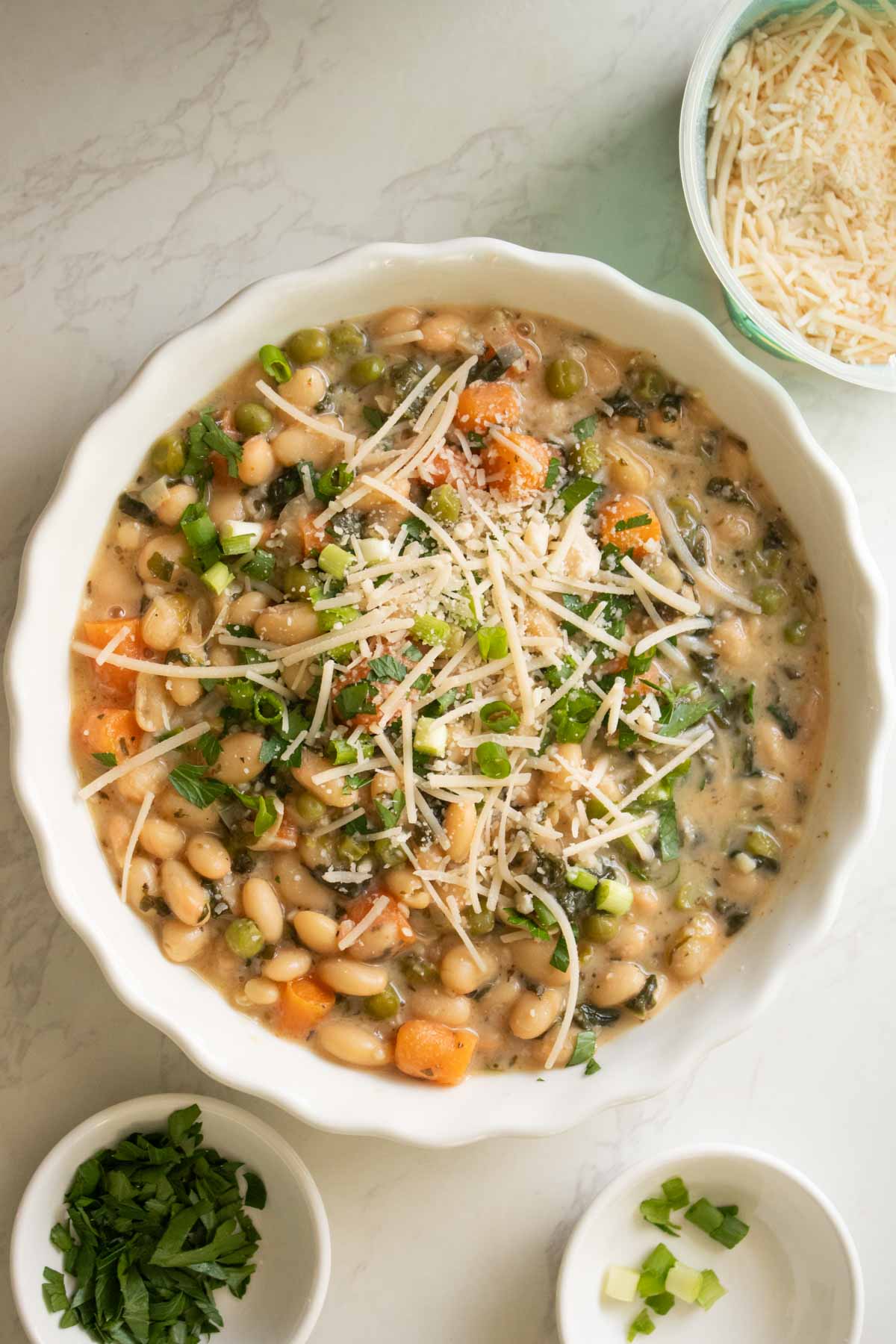 Instant Pot white bean soup with toppings