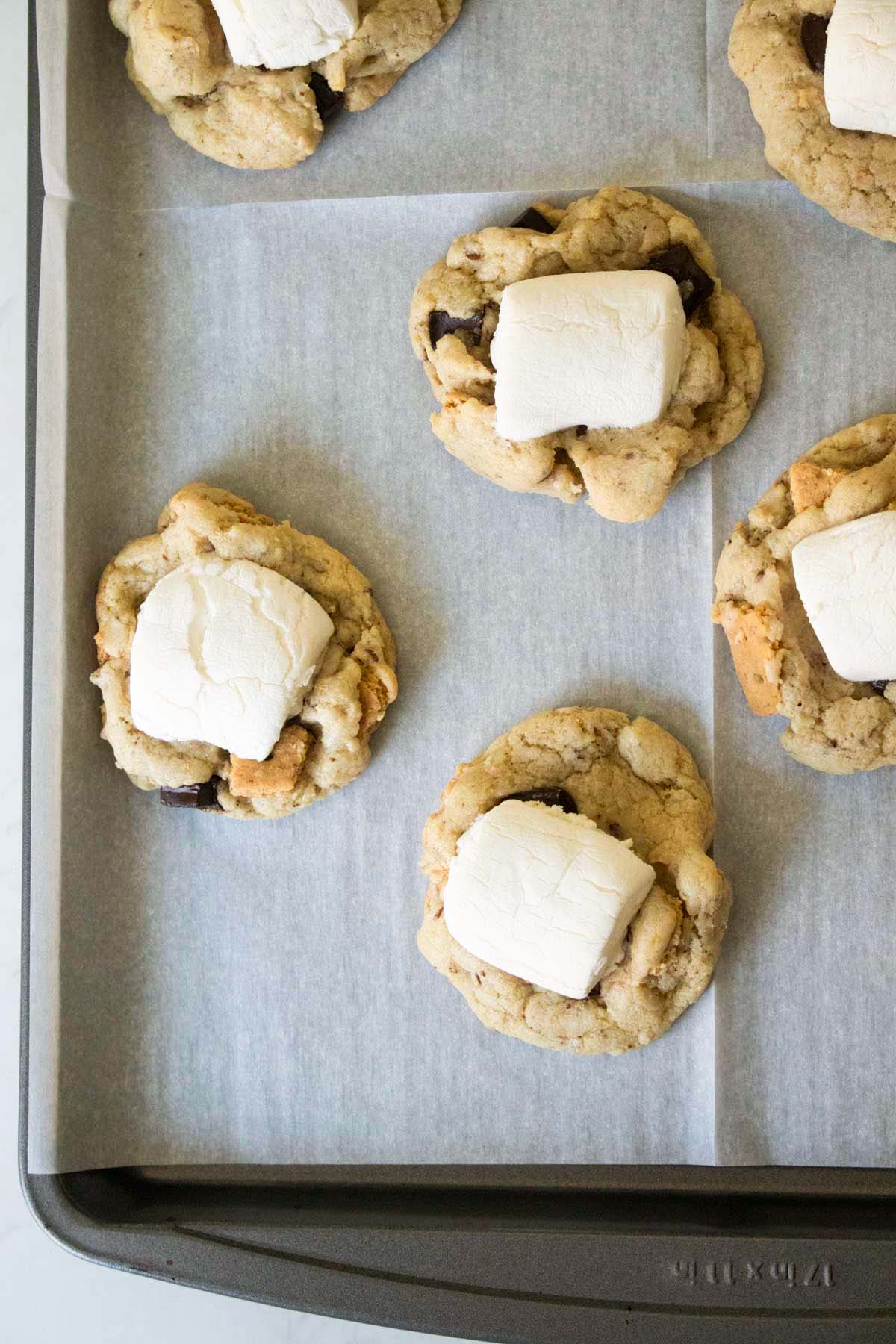 vegan s'mores cookies on the baking sheet after cooling