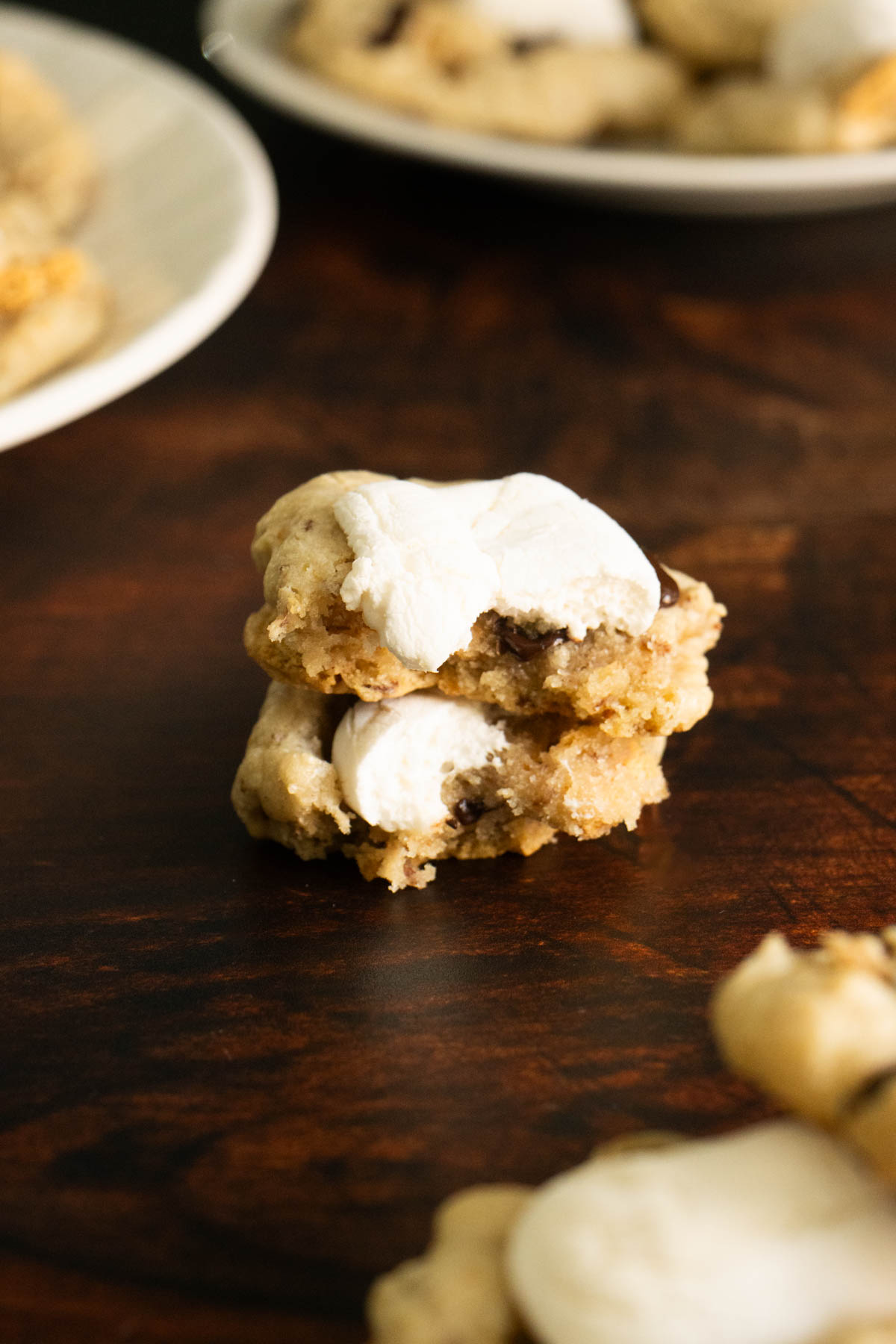 vegan s'mores cookie broken in half, so you can see the inside