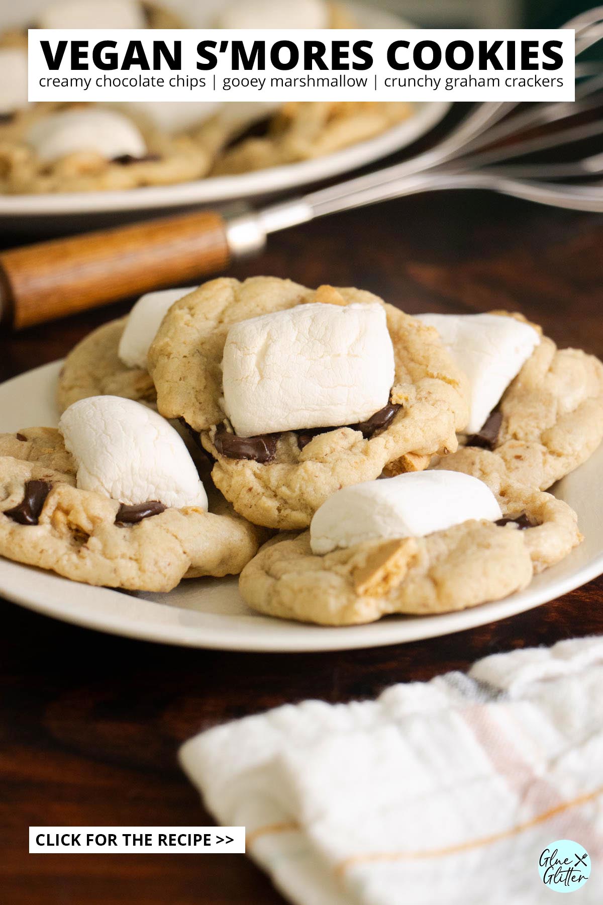 vegan s'mores cookies on a plate, text overlay
