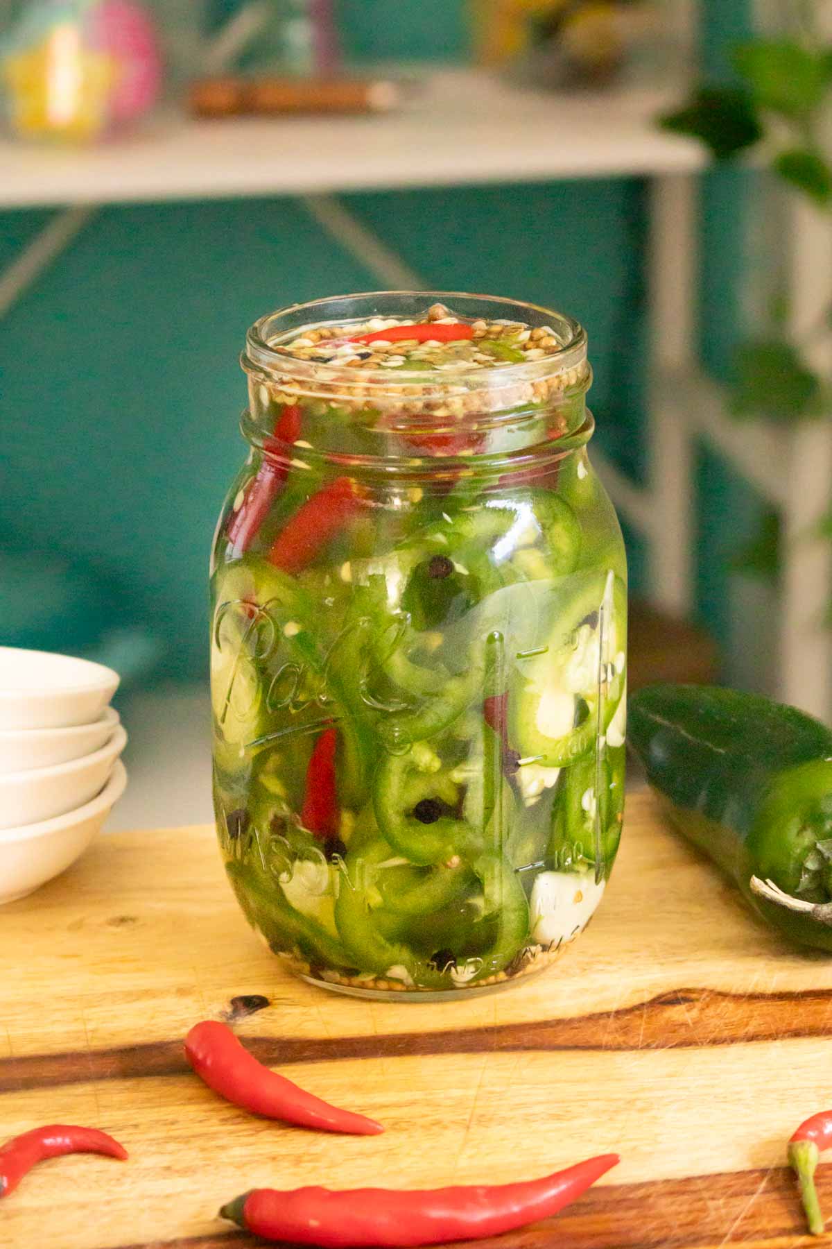 quick pickled chilies after adding the water