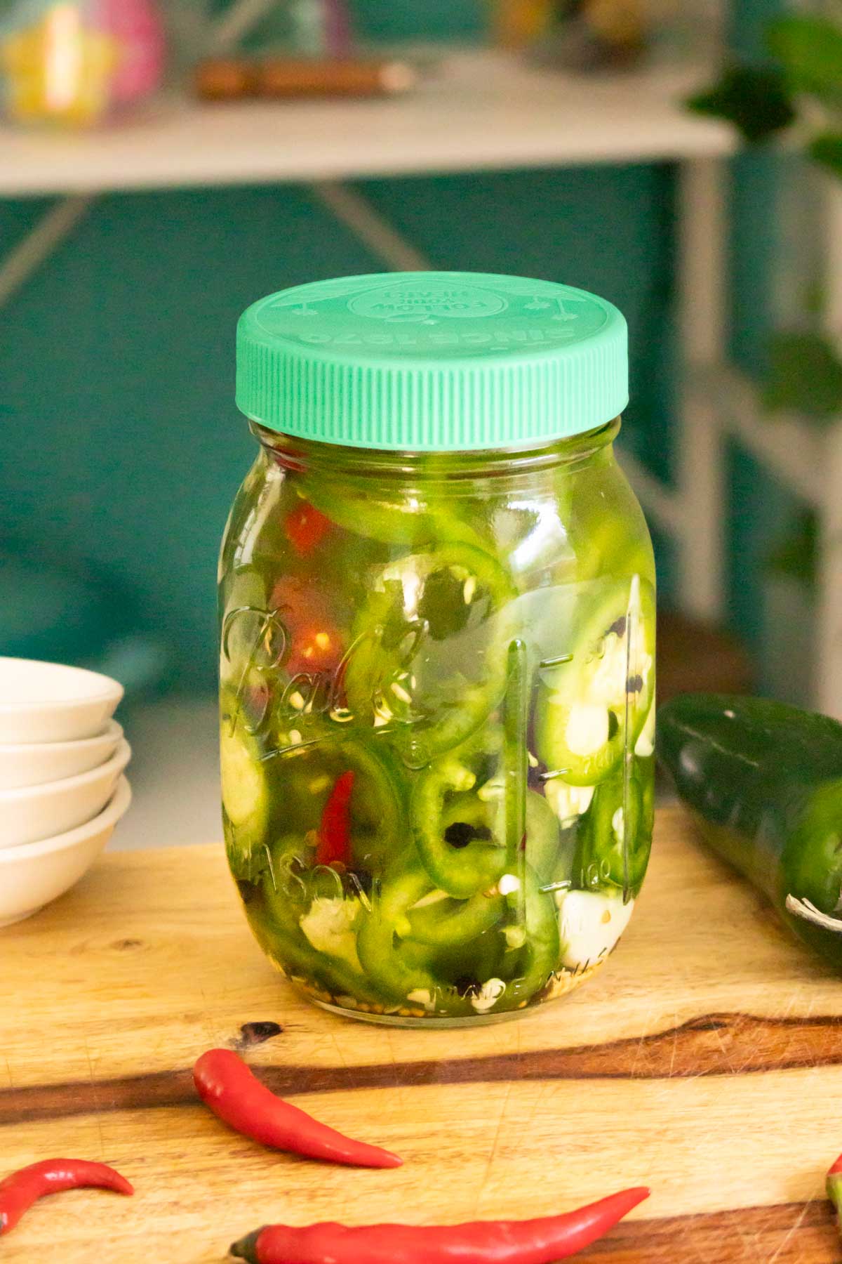 jar of pickled chilies with the lid on, ready for the fridge