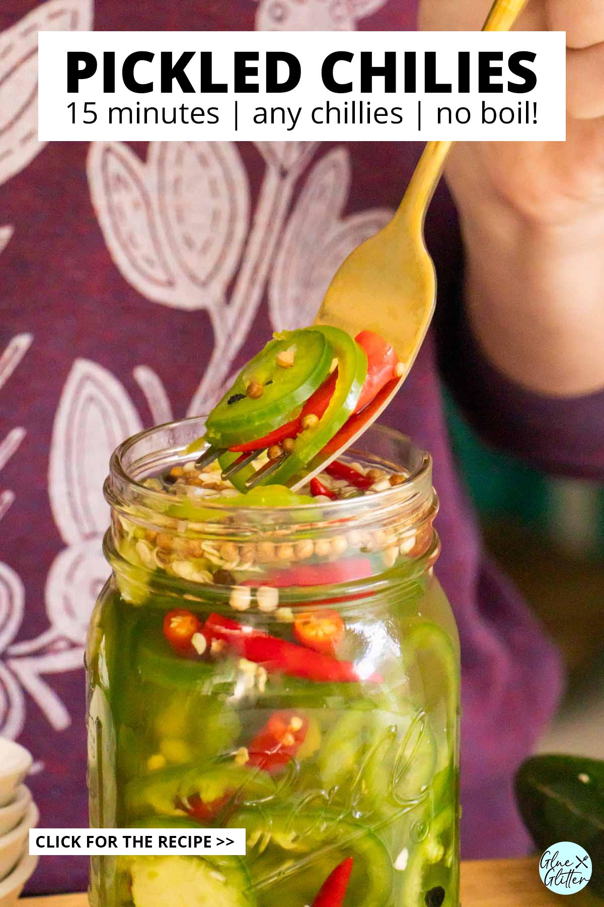 fork serving some pickled chilies from the jar, text overlay