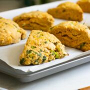 close-up of a savory vegan scone on the baking sheet after baking