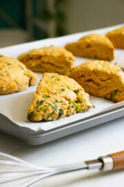 close-up of a savory vegan scone on the baking sheet after baking