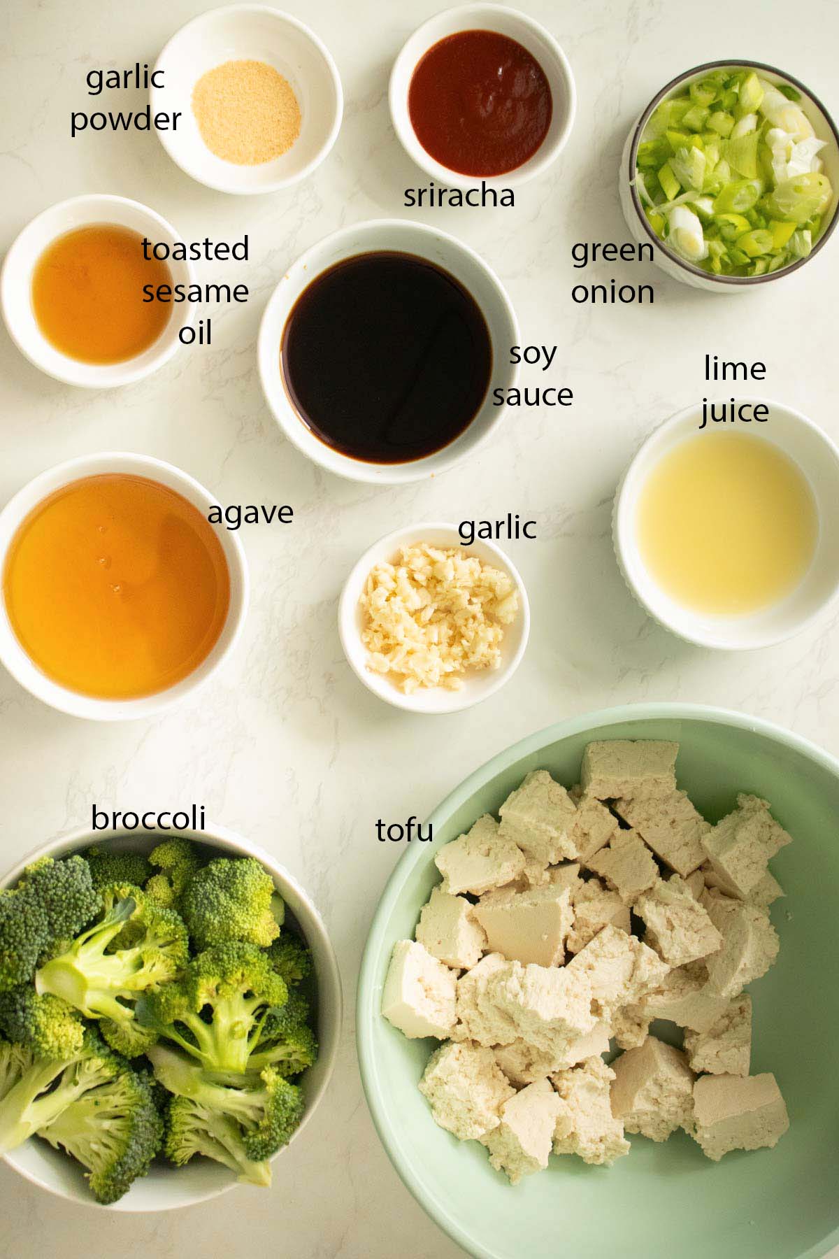 sheet pan honey garlic tofu ingredients on the kitchen counter