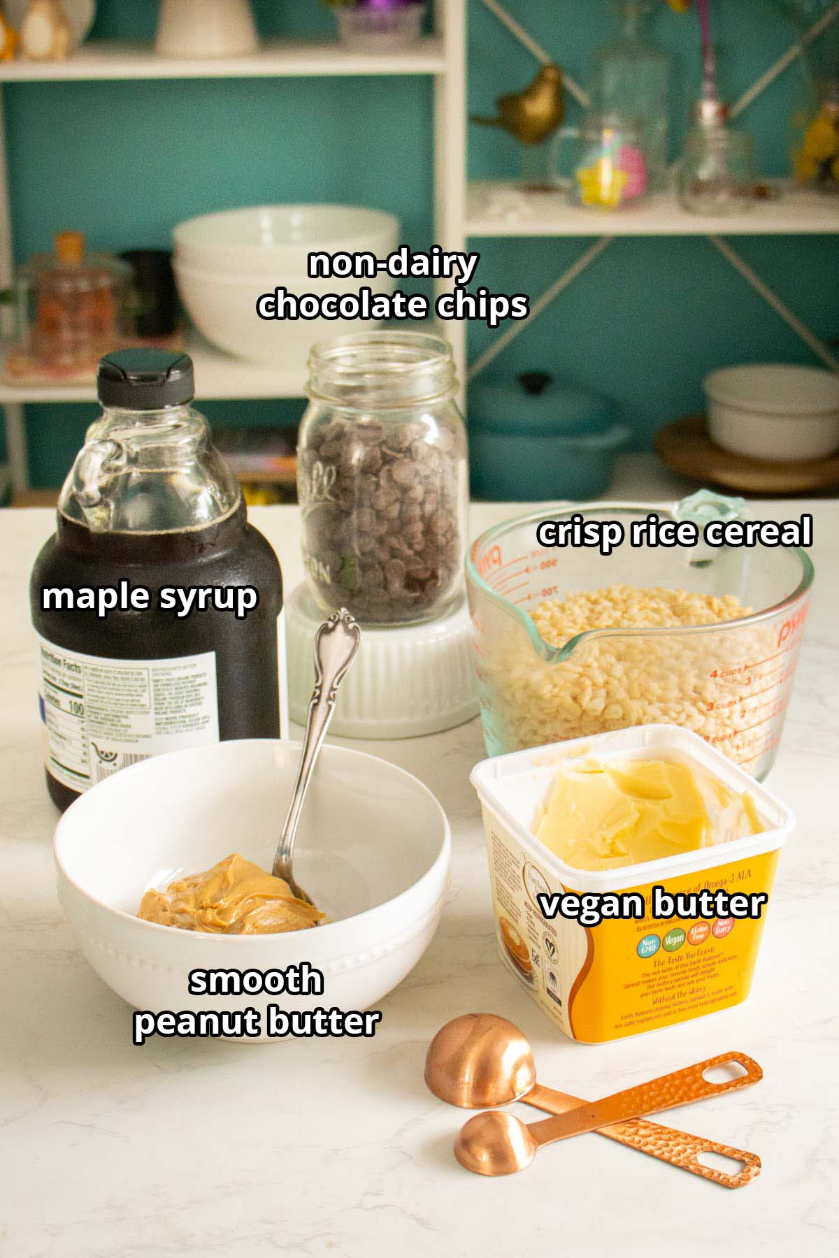 peanut butter rice crispy bars ingredients on the kitchen counter