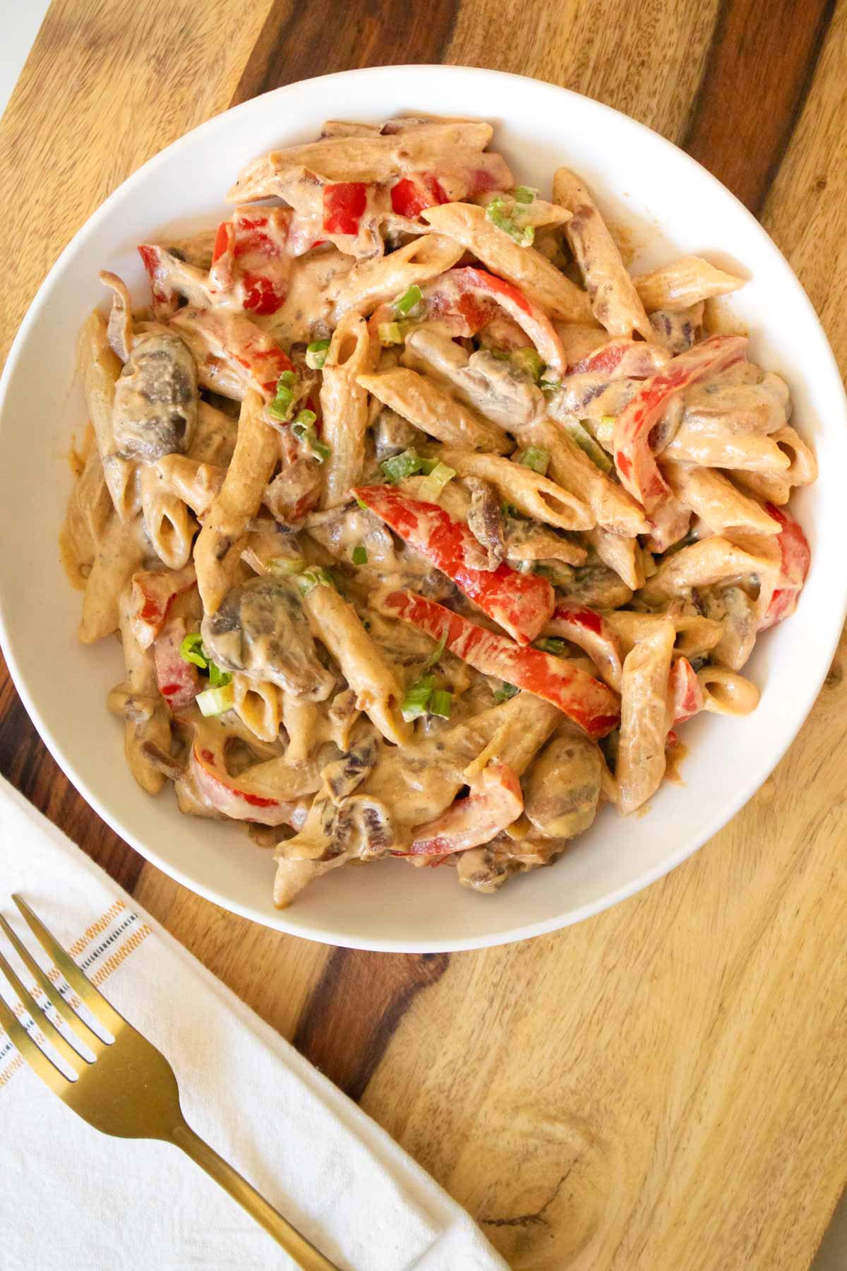 bowl of vegan Philly cheesesteak pasta