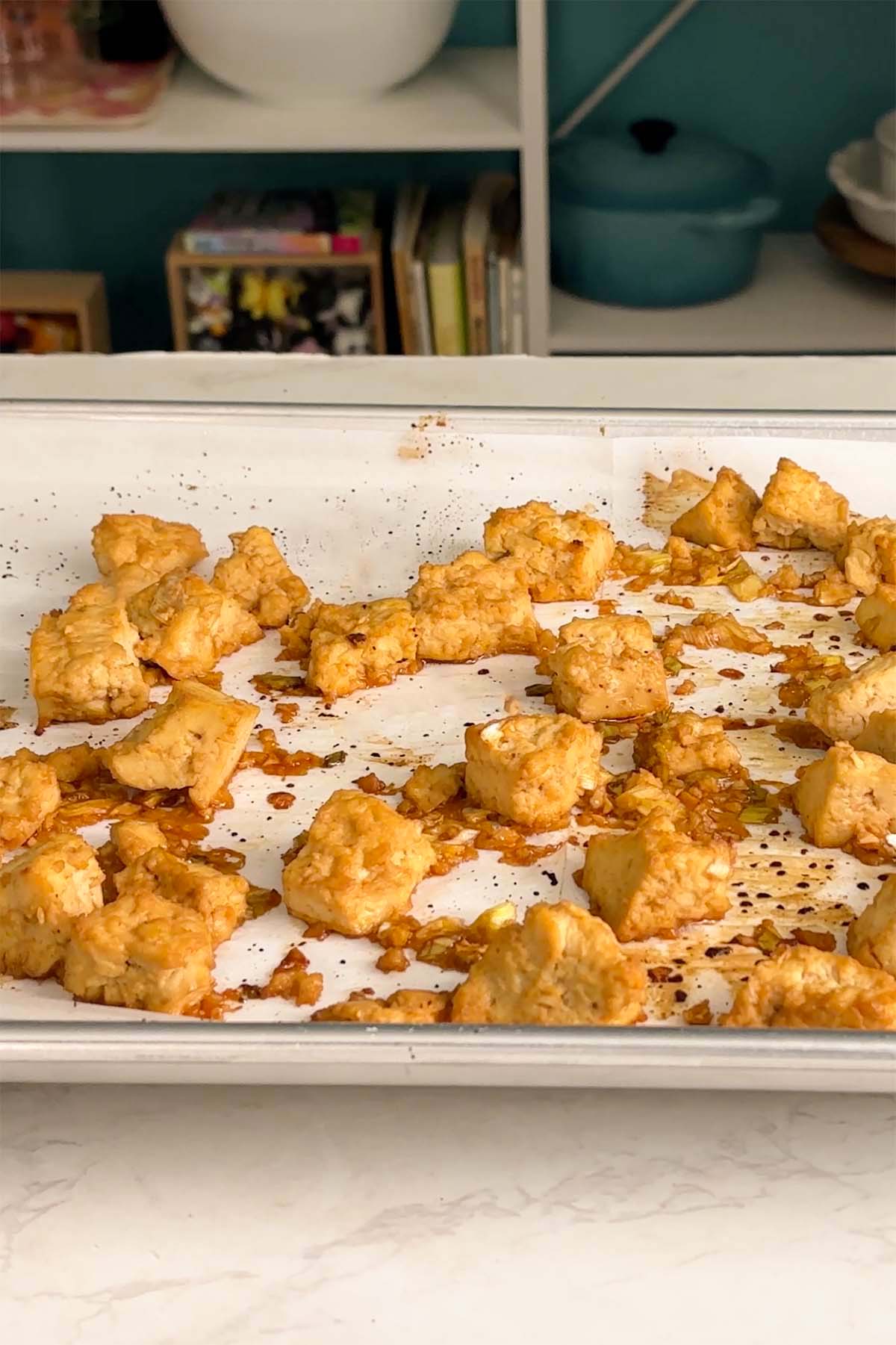 sheet pan honey garlic tofu after the second bake