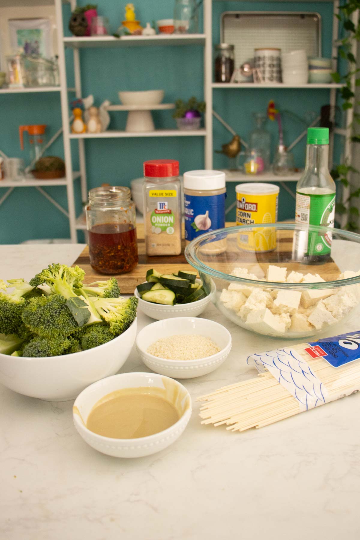 ingredients for creamy chili crisp noodles on the kitchen counter