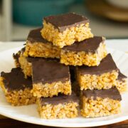 sliced peanut butter rice crispy bars on a plate