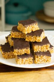sliced peanut butter rice crispy bars on a plate