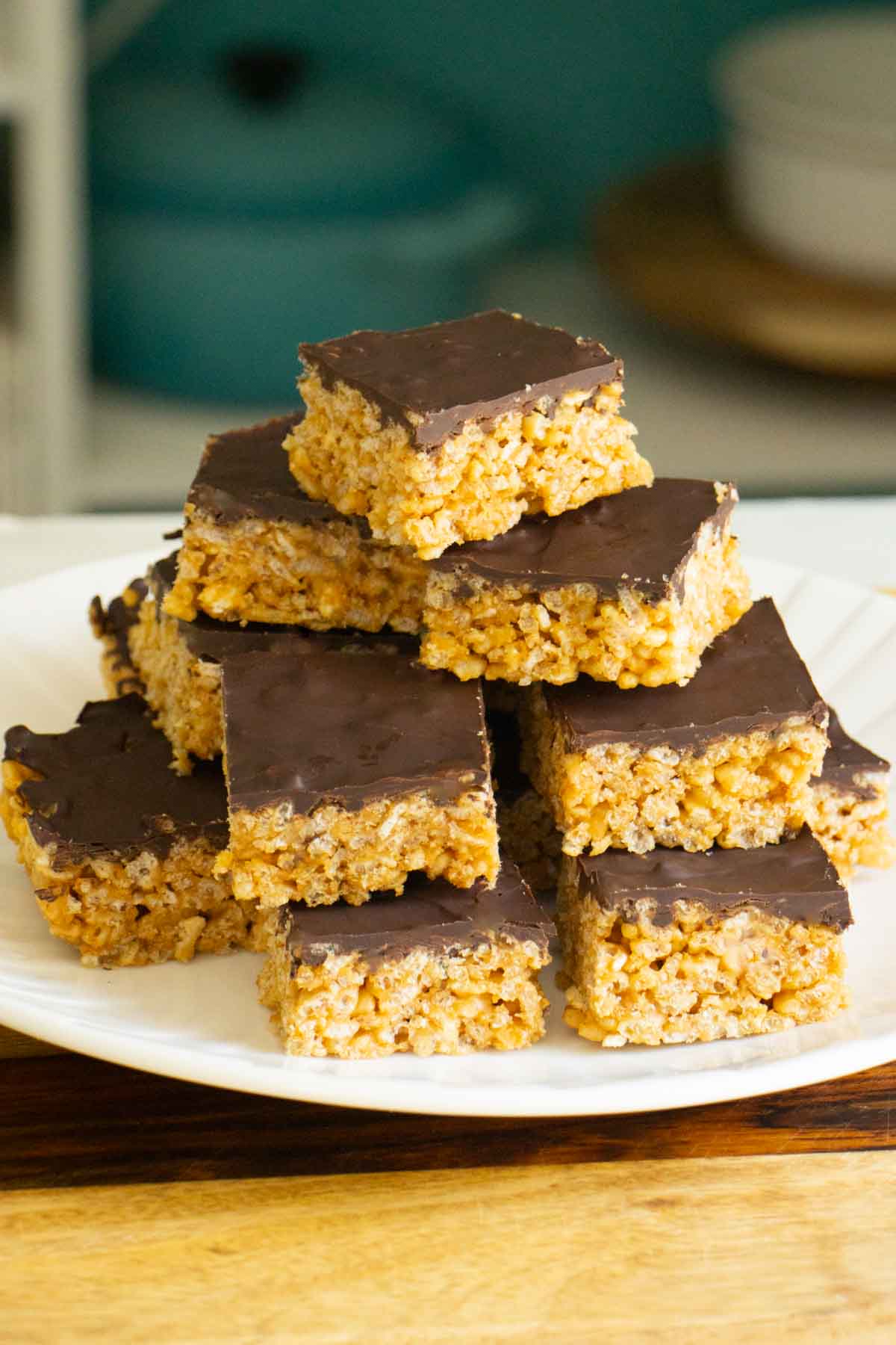 sliced peanut butter rice crispy bars on a plate