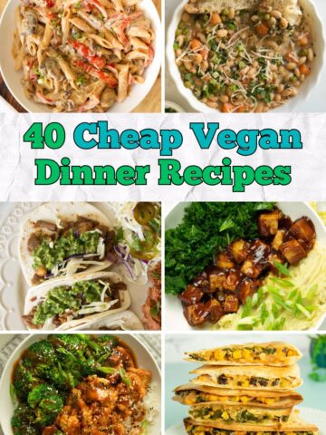 image collage of cheap vegan dinner recipes: pasta, bean stew, tacos, bowl meals, and quesadillas