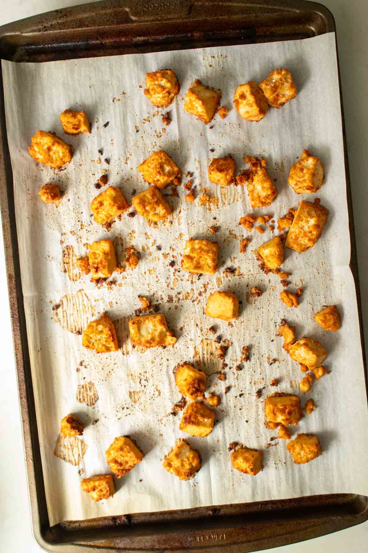 tofu on the baking sheet after baking