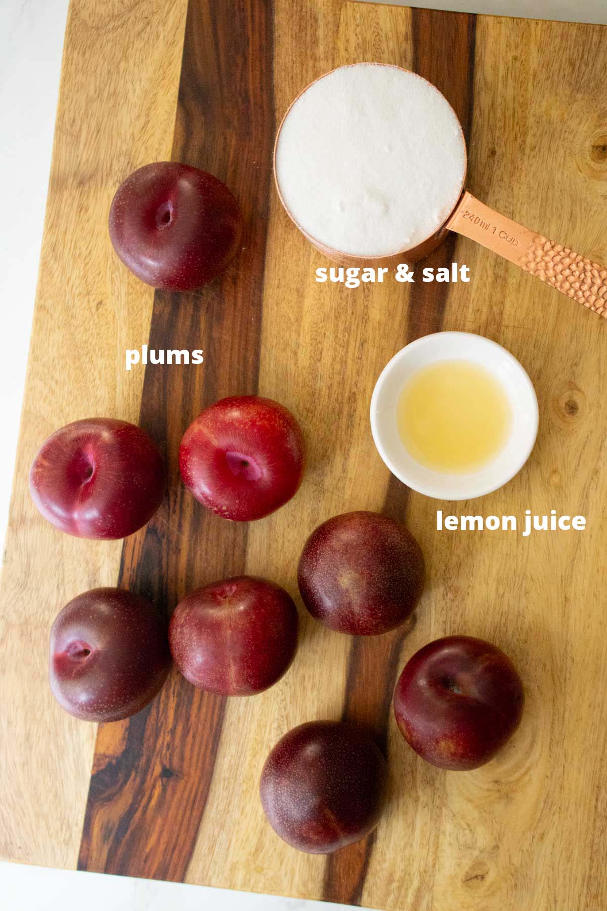 plum freezer jam ingredients on the cutting board