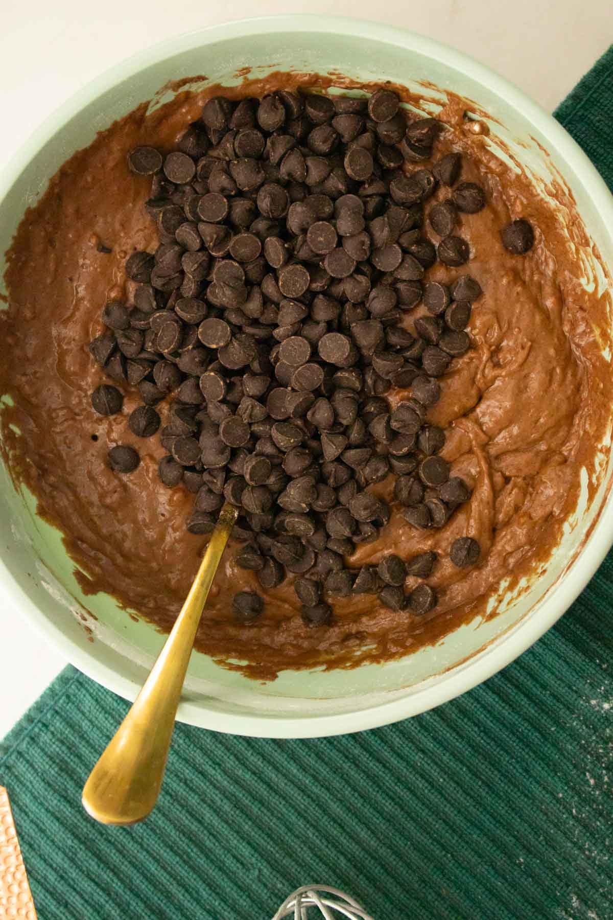adding chocolate chips to the batter