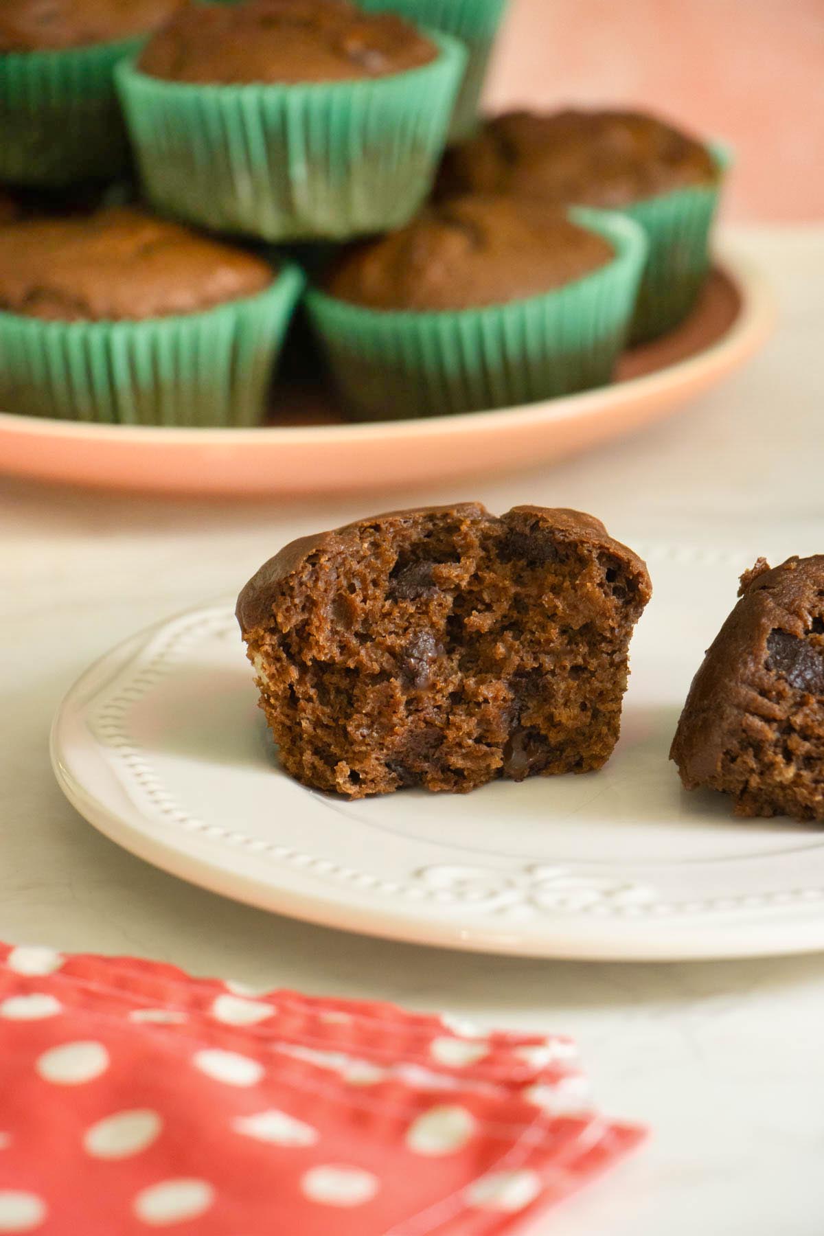 vegan chocolate muffin broken in half so you can see the inside texture