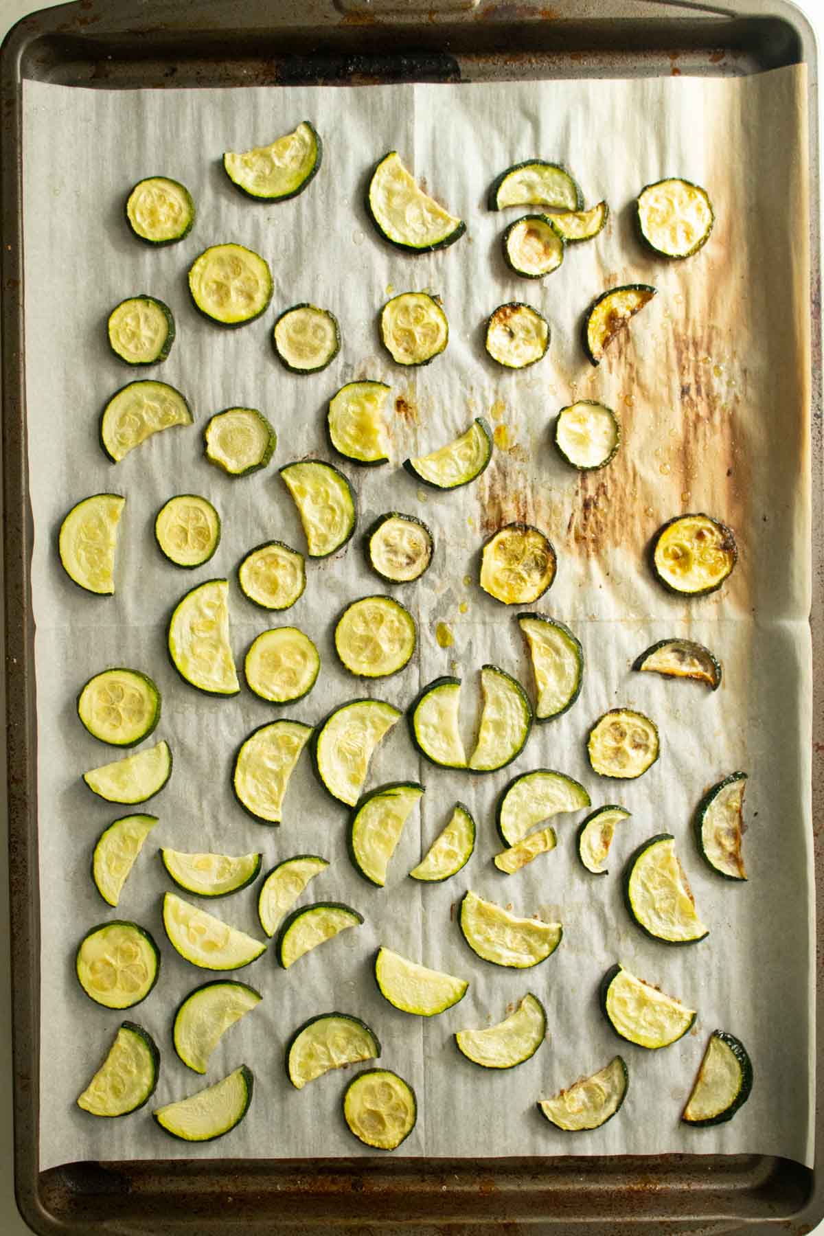 zucchini on the baking sheet after baking