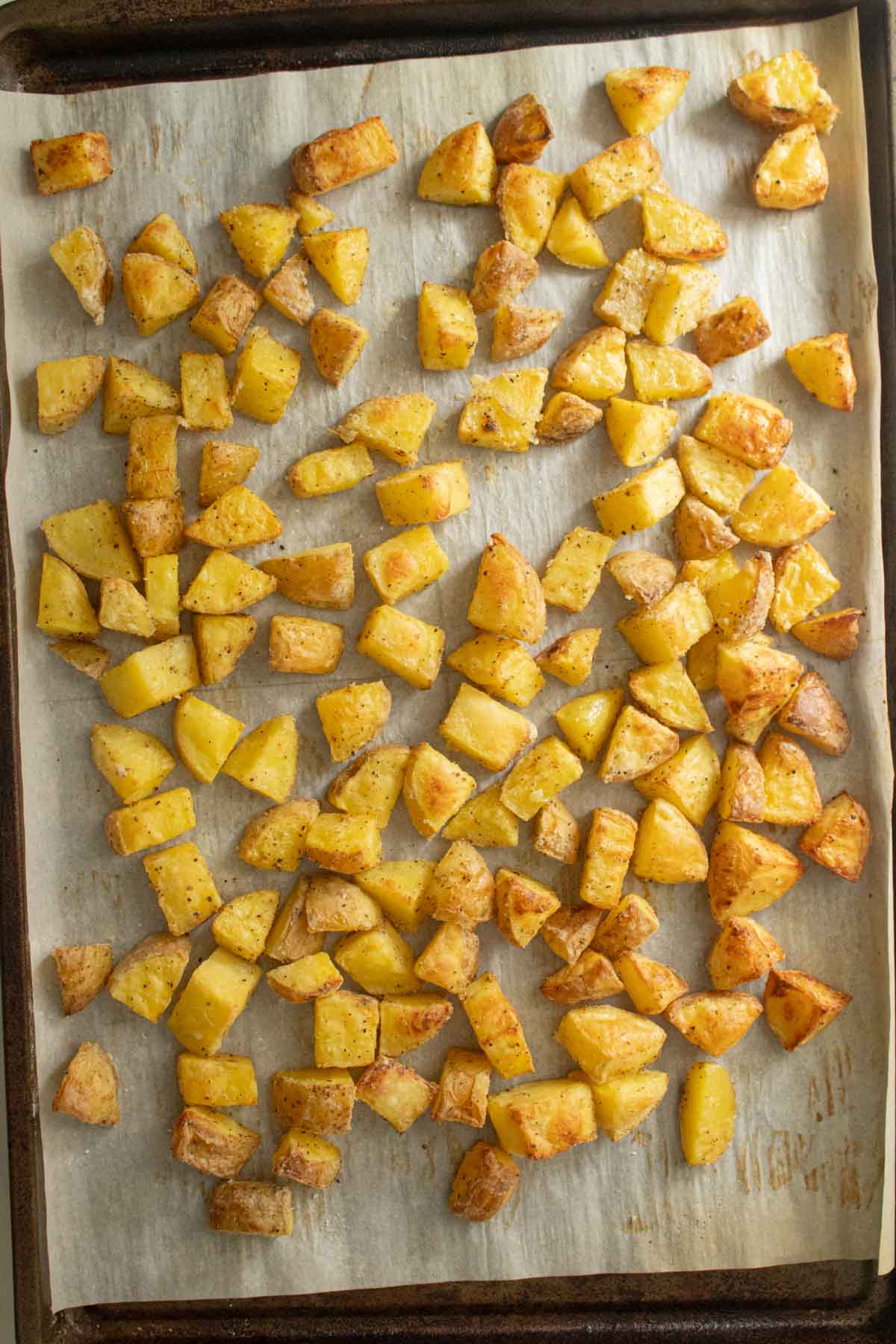 potatoes on the baking sheet after roasting