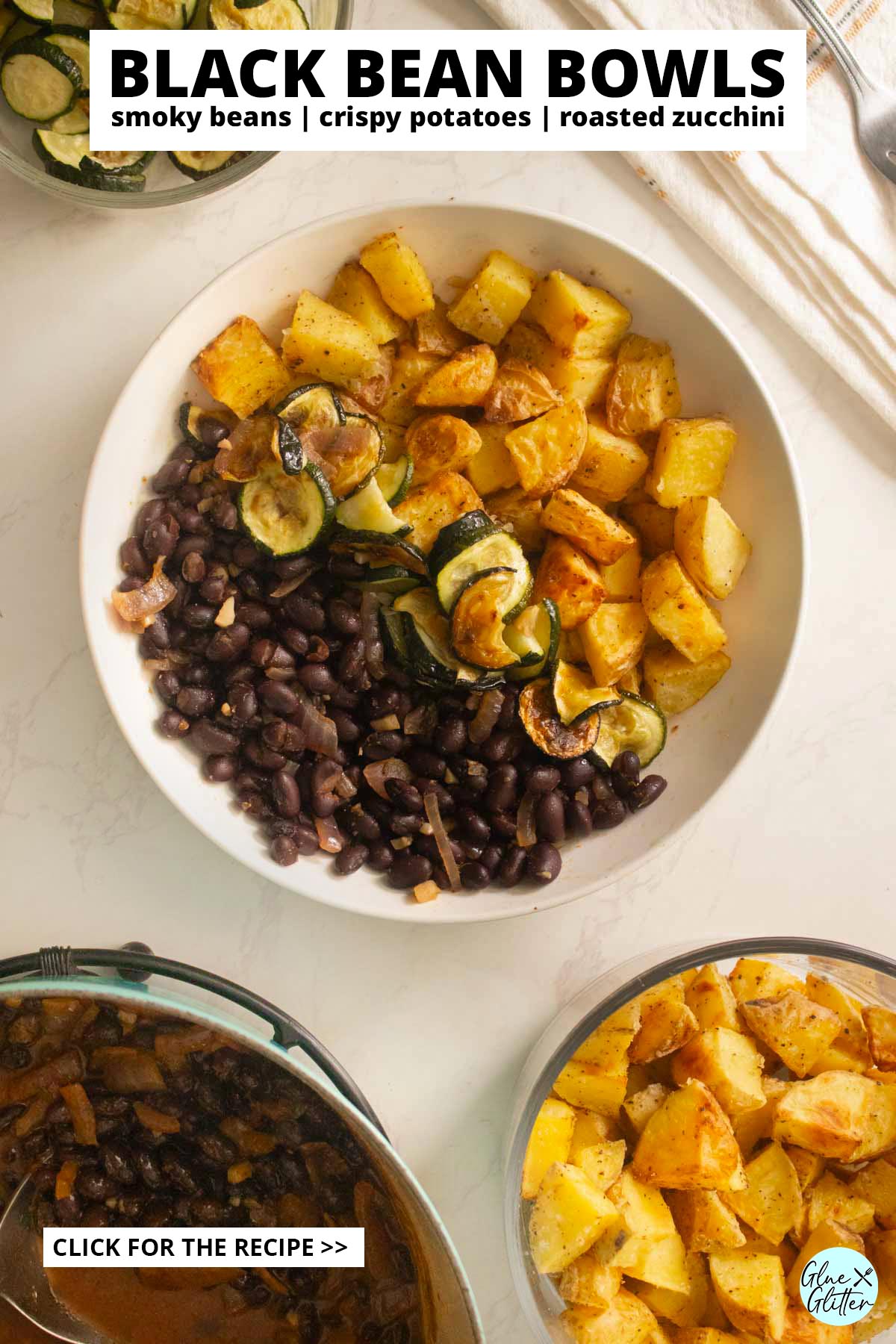 smoky black bean bowls on the counter next to serving bowls of the beans, potatoes, and zucchini, text overlay
