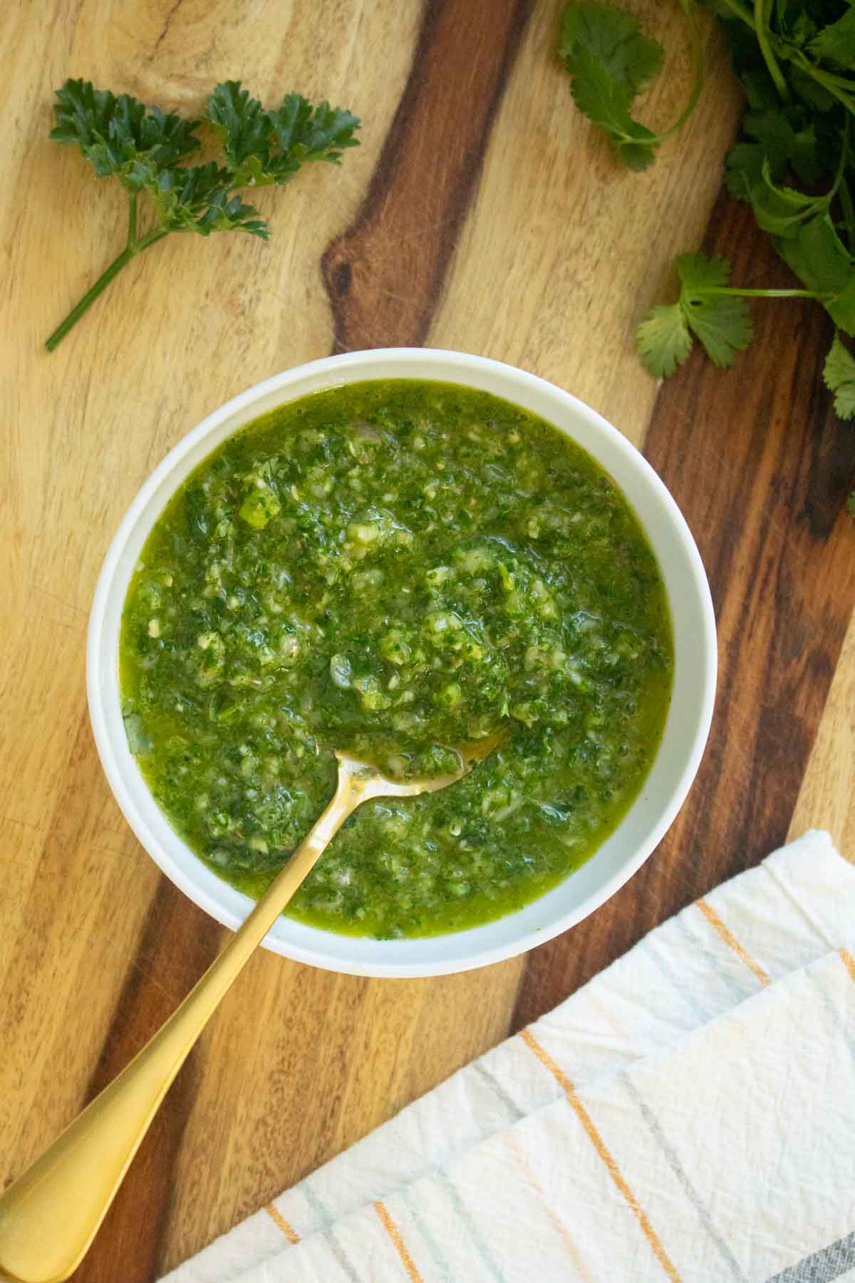 bowl of chimichurri sauce after processing