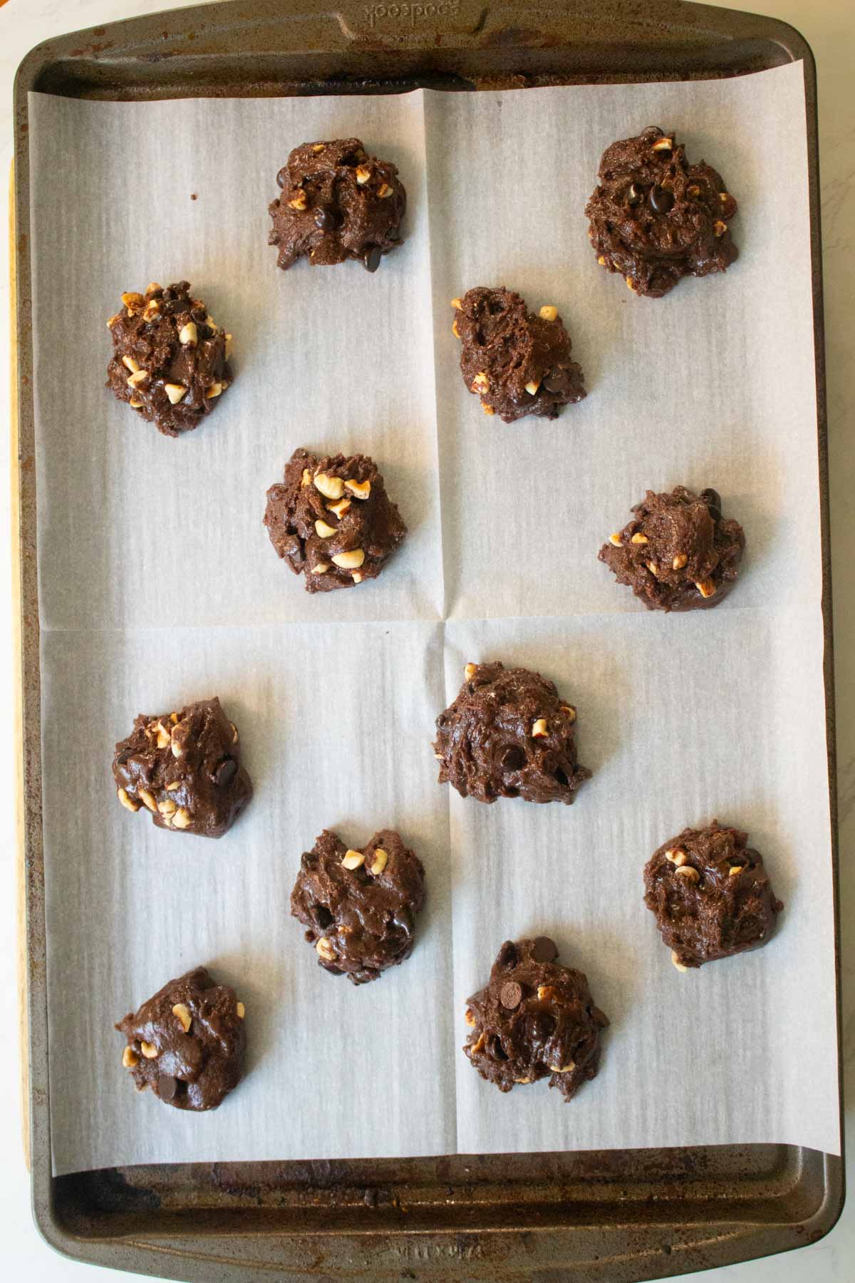 chocolate hazelnut cookies on the baking sheet before baking