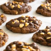 close-up of chocolate hazelnut cookies on the baking sheet