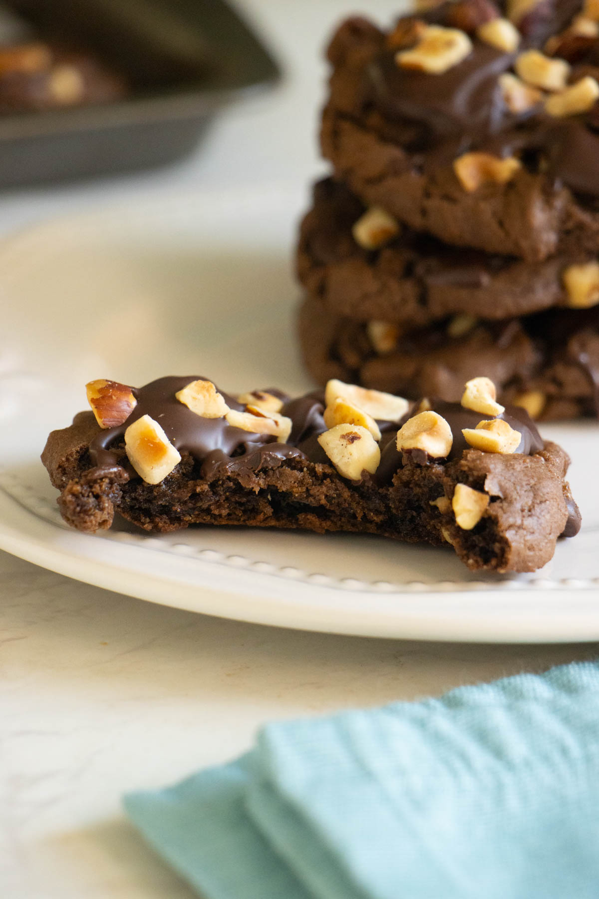 bite shot of a chocolate hazelnut cookie