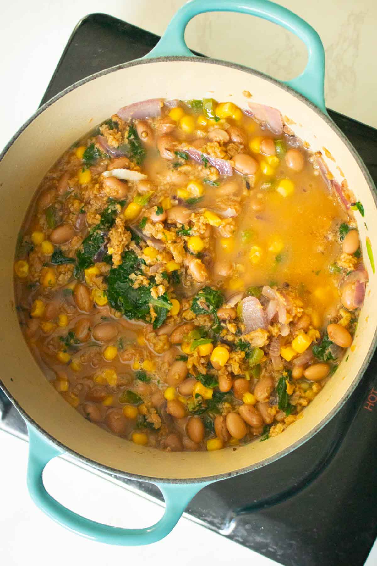 pinto bean curry ingredients in the pan before simmering
