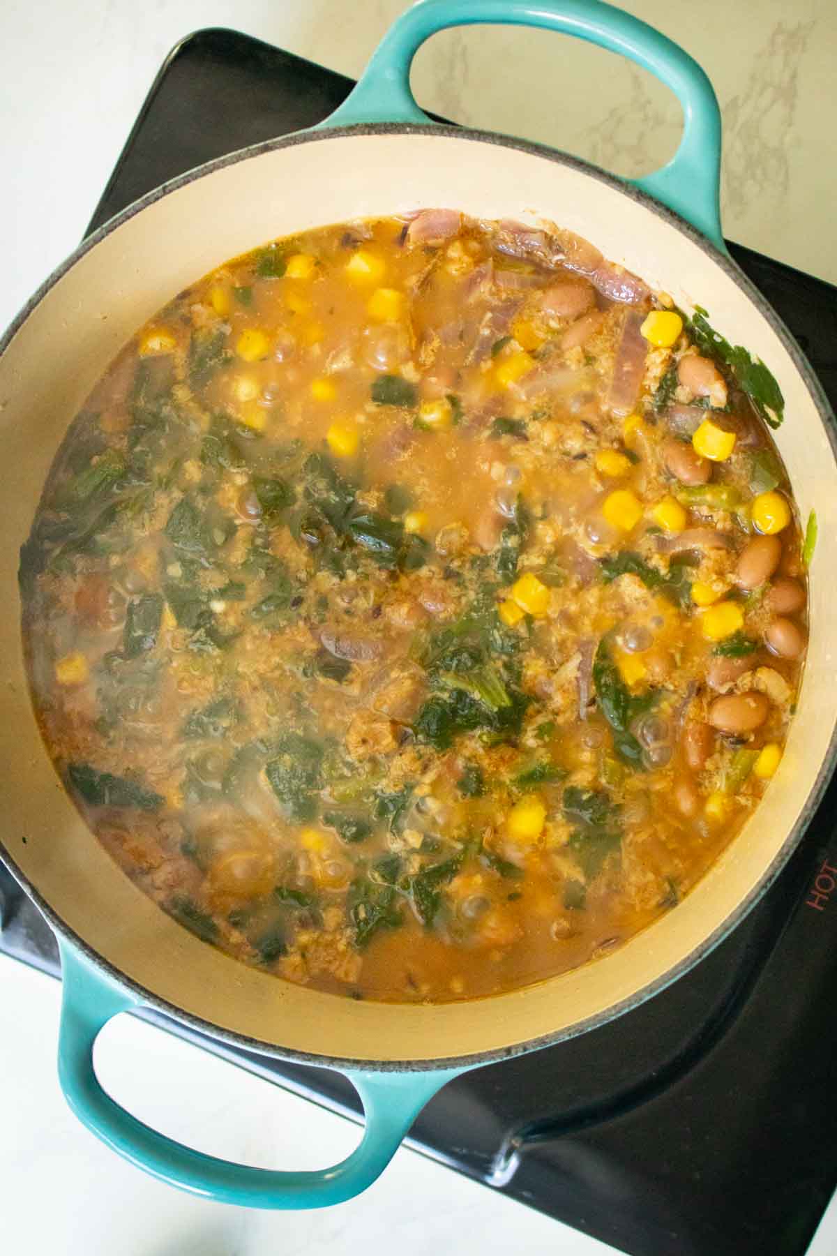 pinto bean curry simmering in the pan