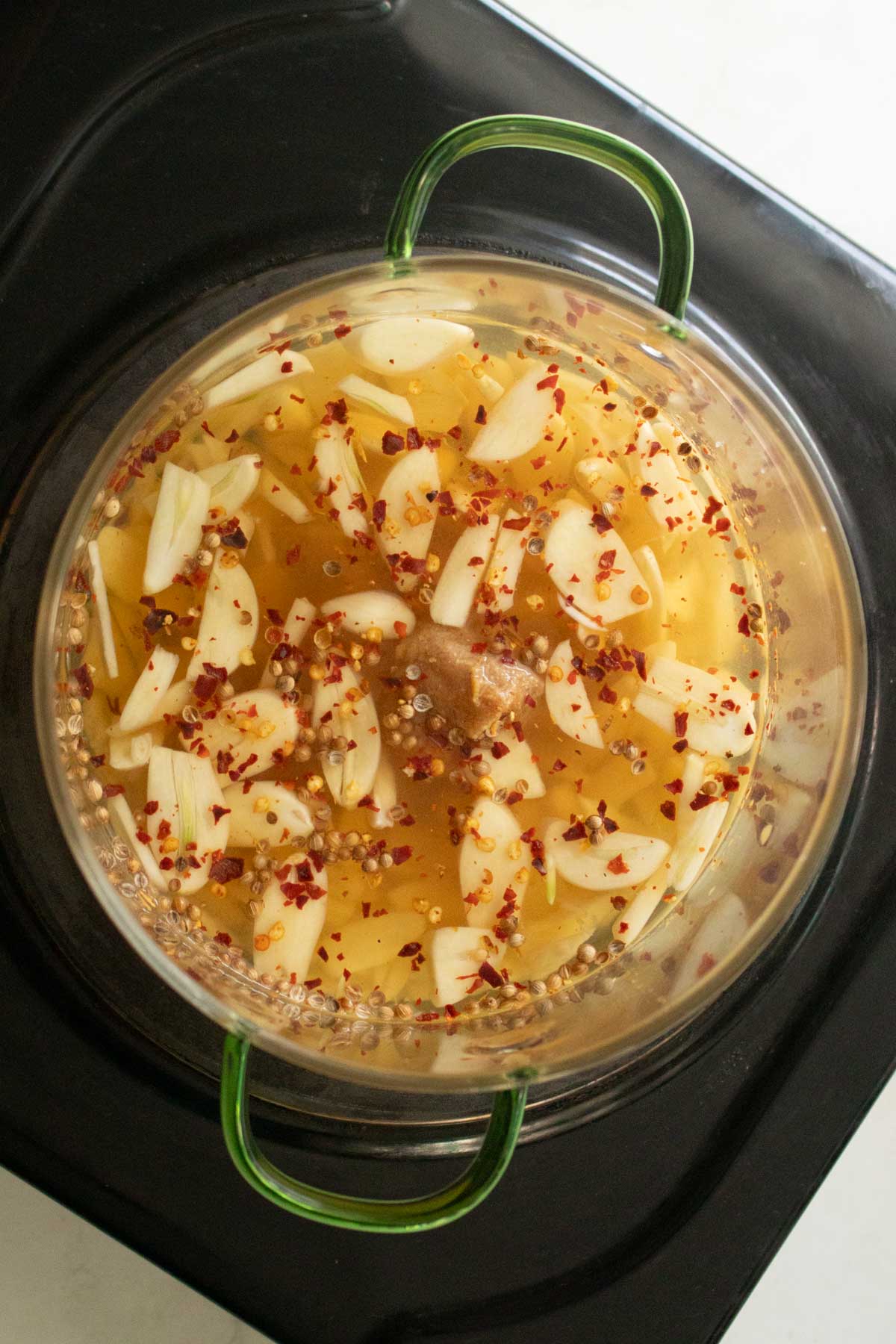 pickled garlic ingredients in the pan before boiling