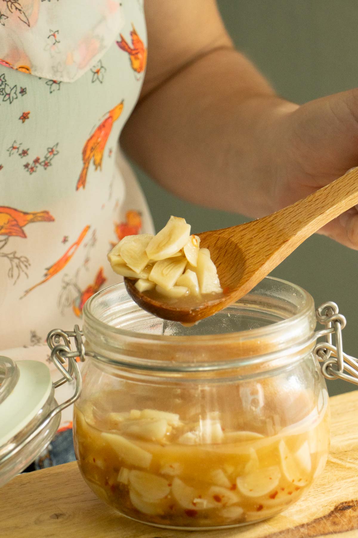 serving pickled garlic from the jar