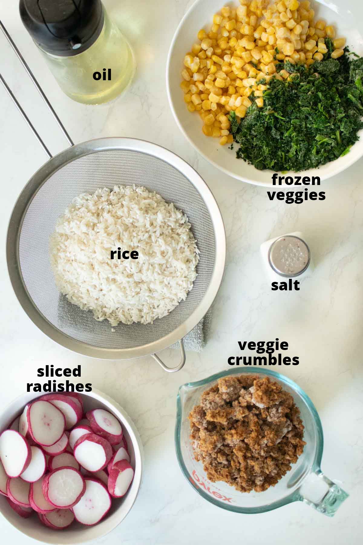 veggie rice ingredients on the counter with text labels