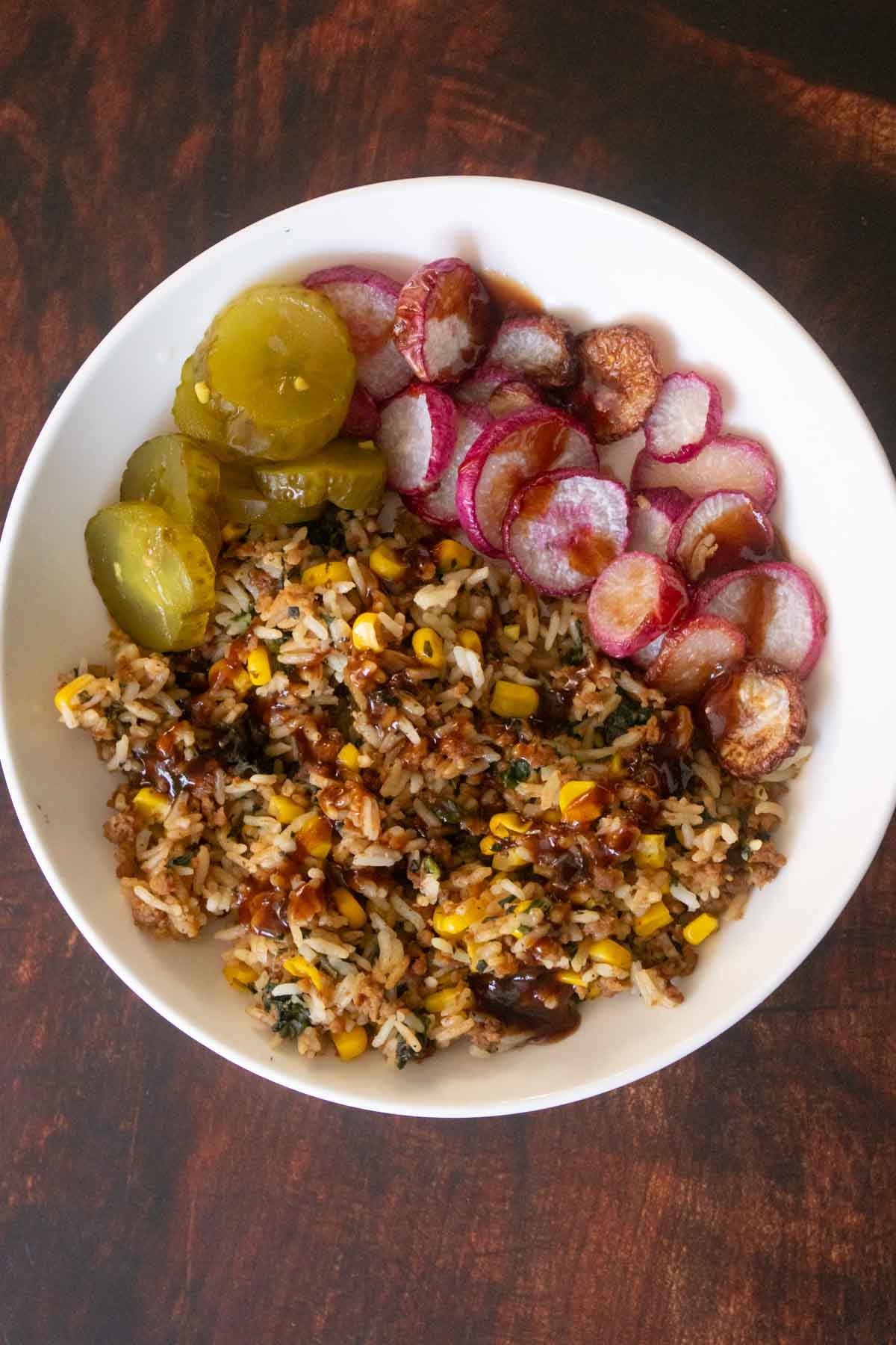 veggie rice bowls with BBQ sauce and sweet pickles