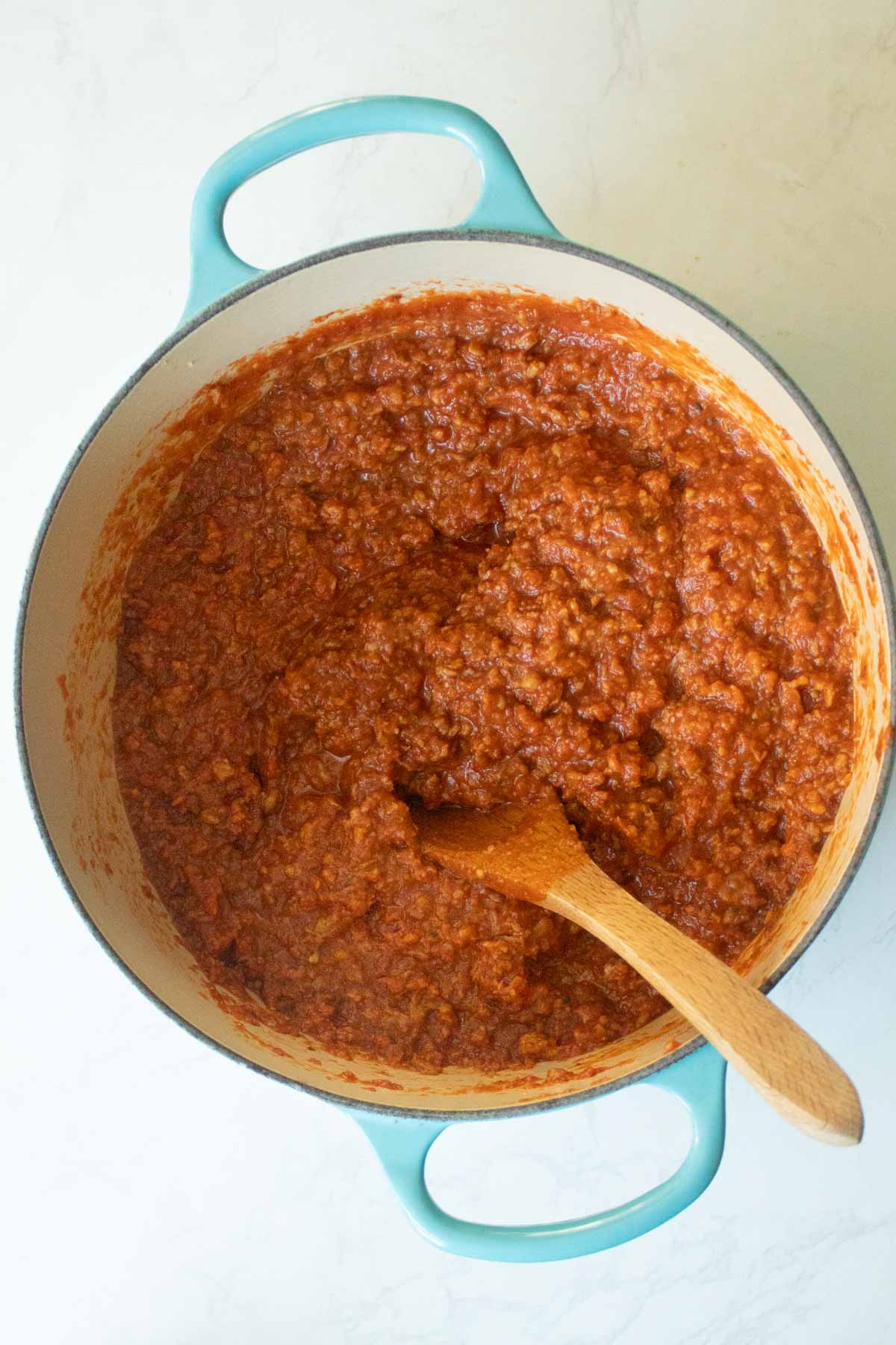 meat sauce ingredients in the pan after cooking