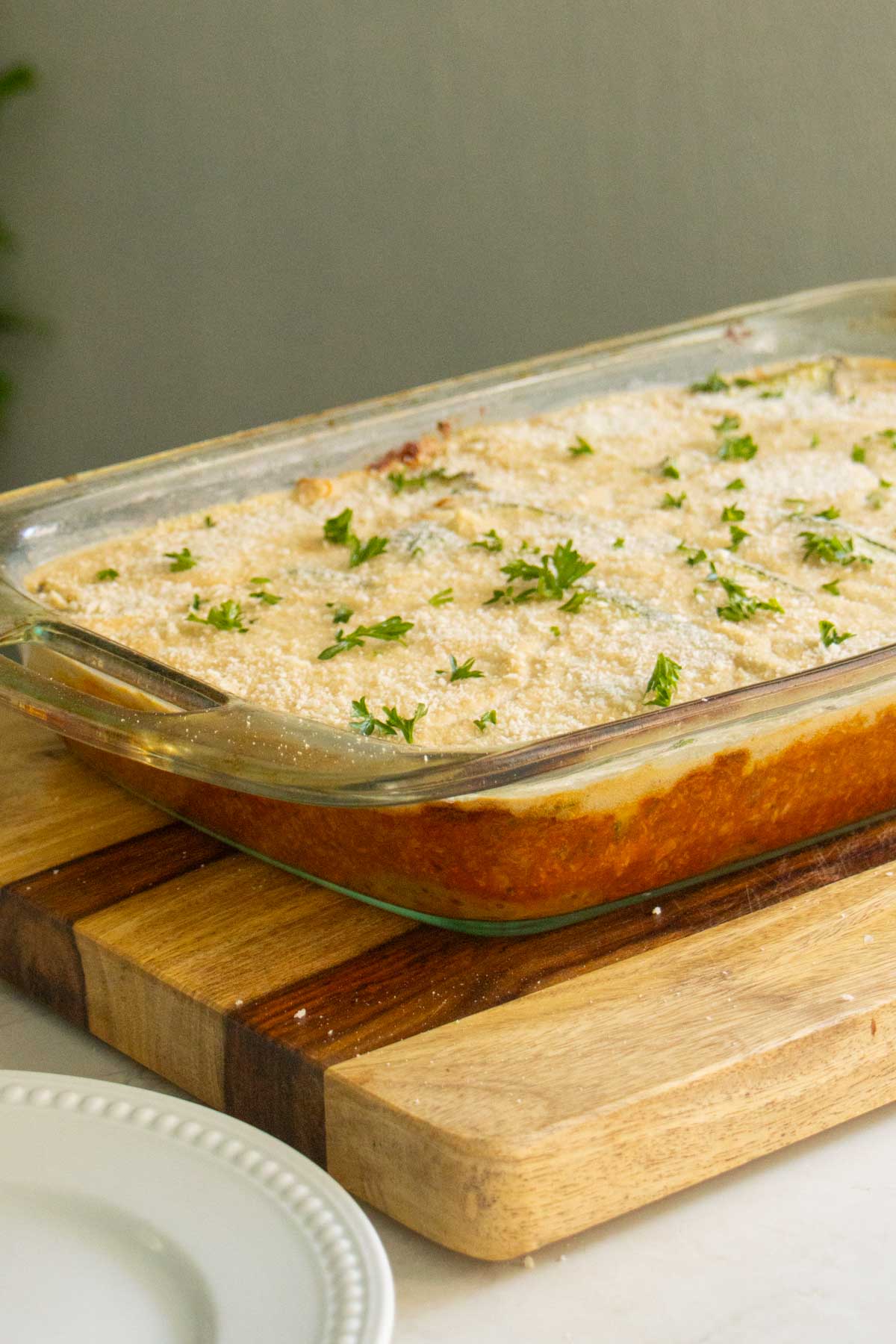 pan of zucchini moussaka after baking