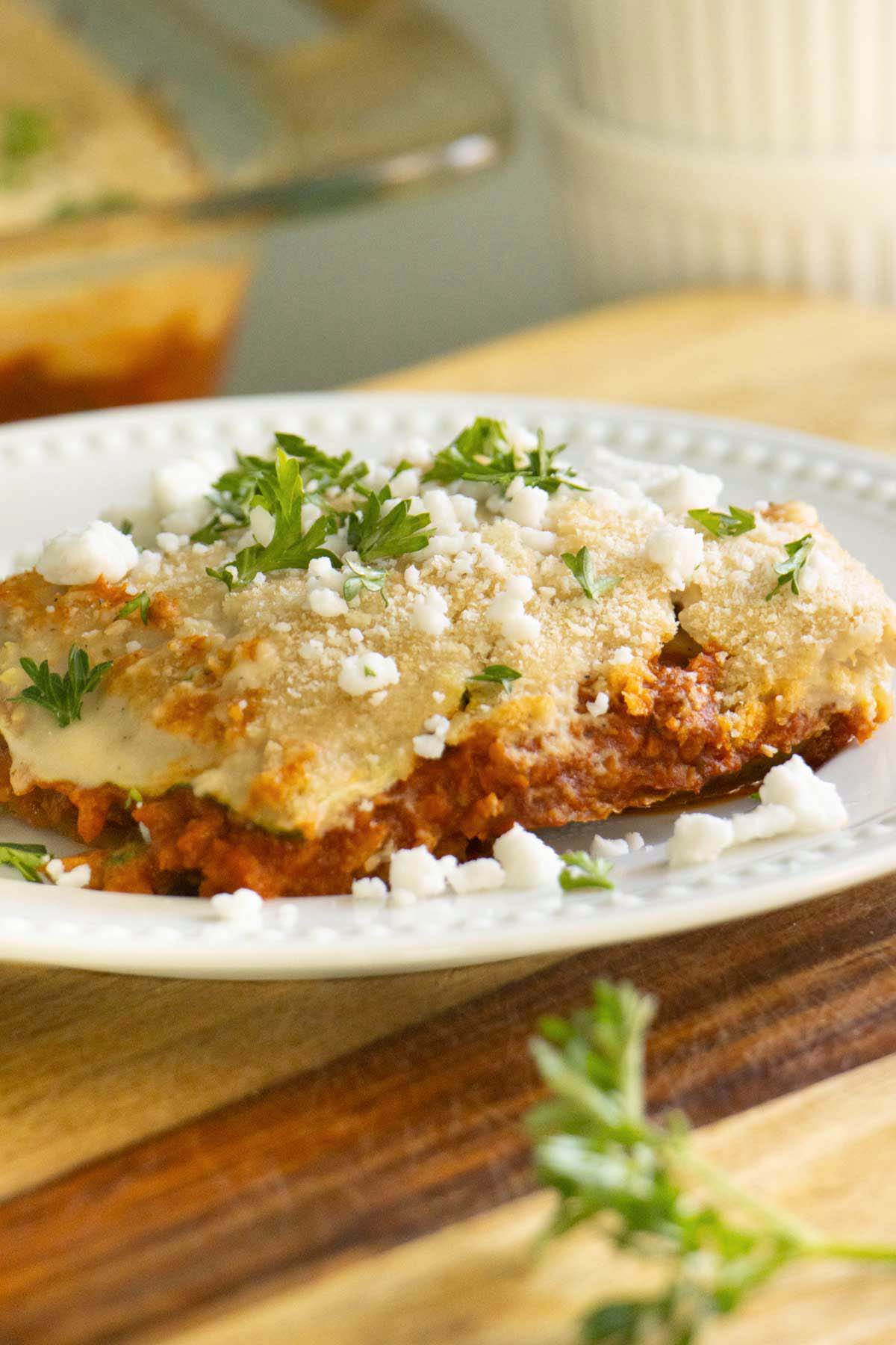 zucchini moussaka on a white plate