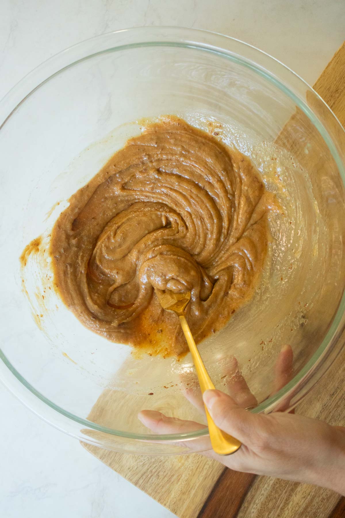 wet ingredients in the bowl after mixing