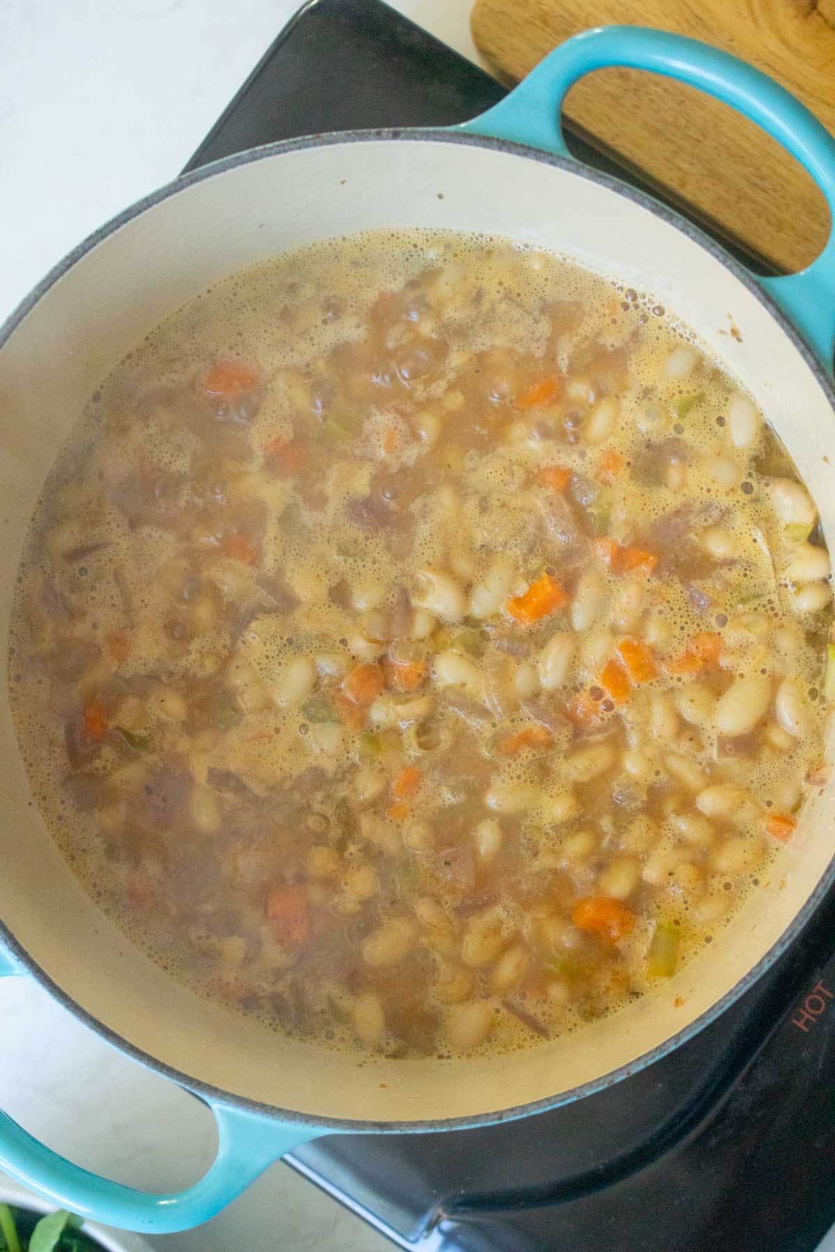 soup ingredients after stirring in the pot