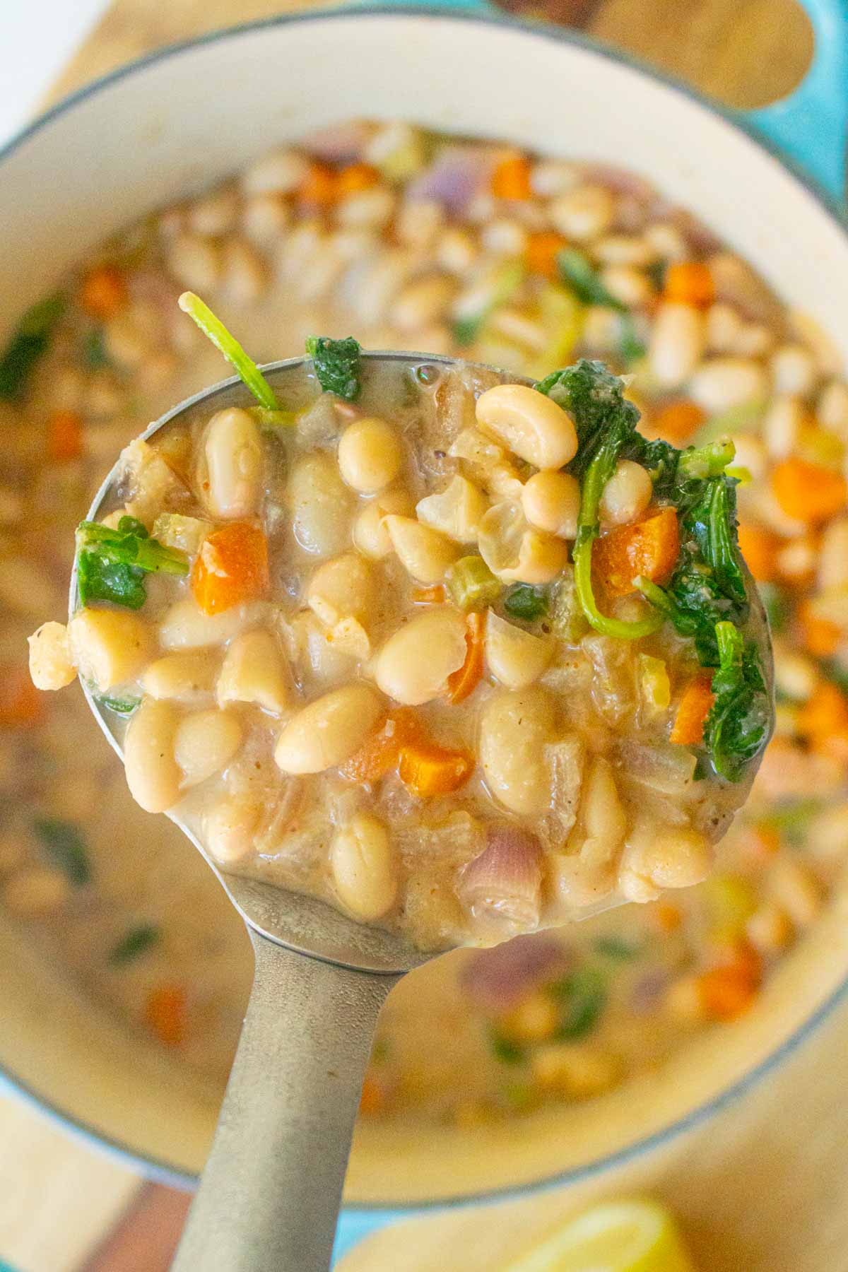ladle serving lemon white bean soup