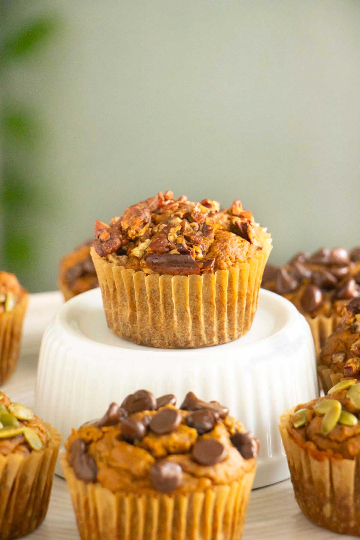 close-up of a pumpkin banana bread muffin