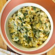 bowl of spinach artichoke mac and cheese